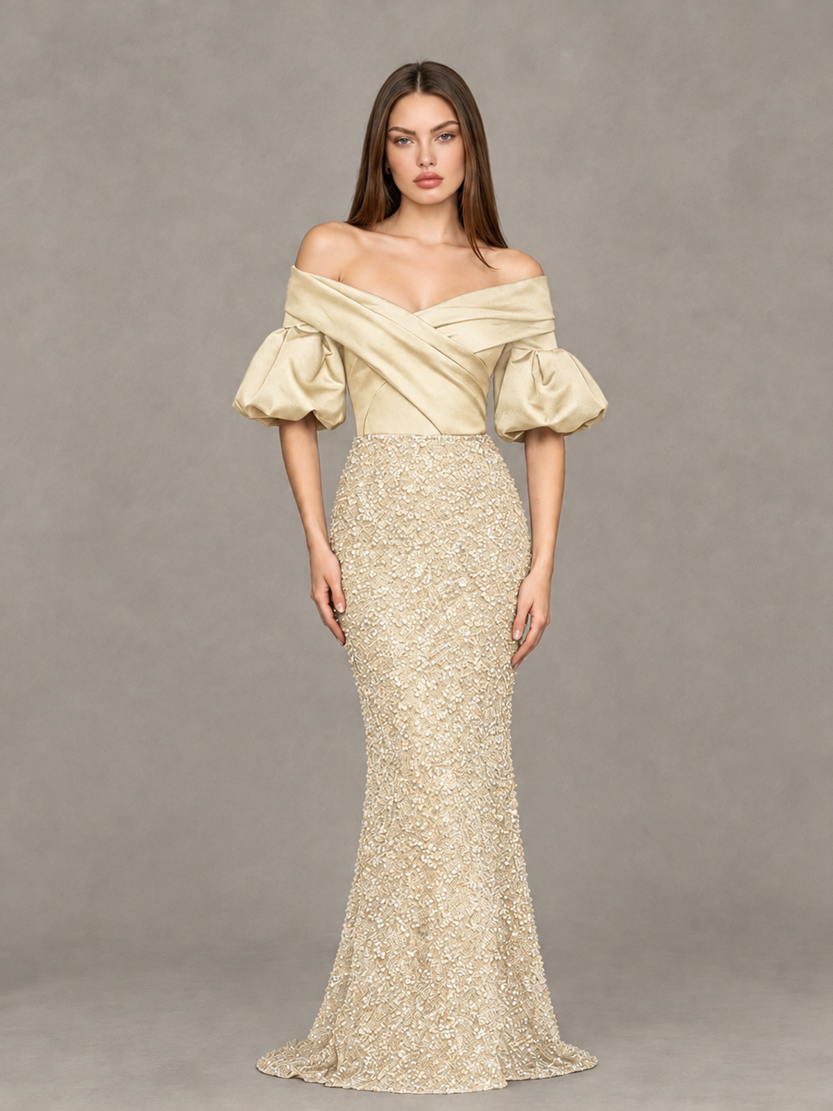 BOLODOO Champagne Off-Shoulder Puff Sleeve Sequin Mermaid Evening Dress - Champagne - Champagne_1