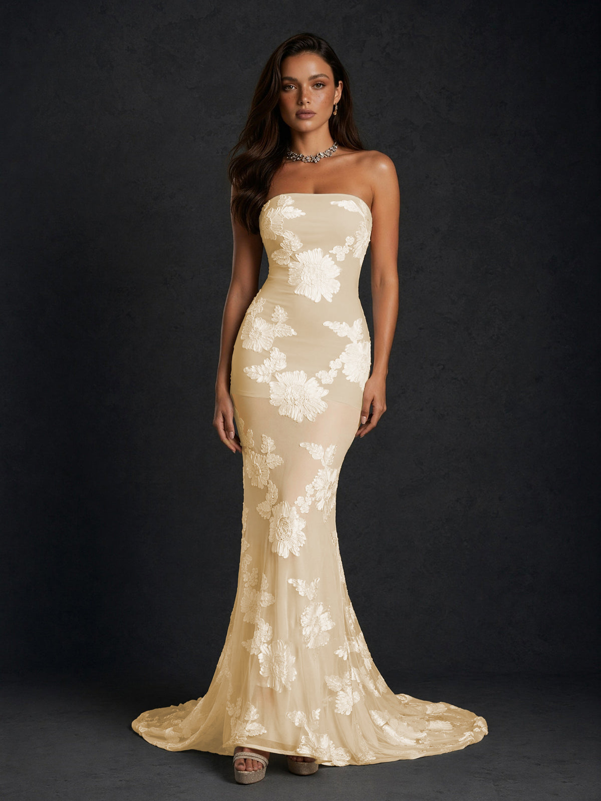 BOLODOO Champagne Champagne Gold Floral Sequin Embroidered Mesh Strapless Open Back Mermaid Maxi Dress with Train - Champagne