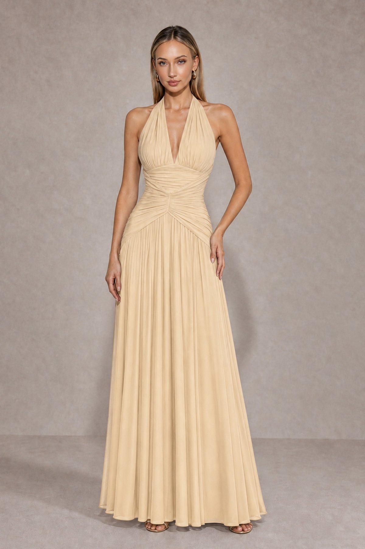 BOLODOO Champagne Chiffon Halter Deep V-Neck Ruched A-Line Backless Maxi Dress with Train-BD0167 - Champagne - Champagne_1