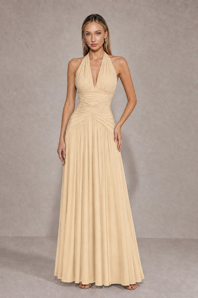 BOLODOO Champagne Chiffon Halter Deep V-Neck Ruched A-Line Backless Maxi Dress with Train-BD0167 - Champagne - Champagne_1