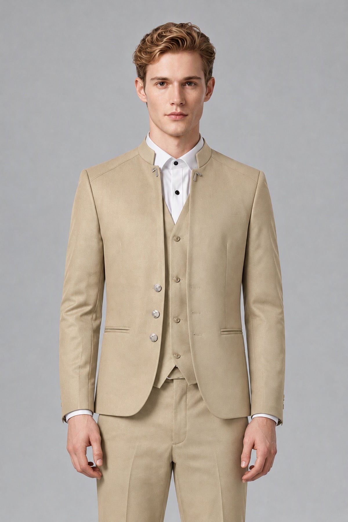Bolodoo Men's Champagne Mandarin Collar 3-Piece Suit – Jacket, Vest & Trousers - Champagne - Champagne_1