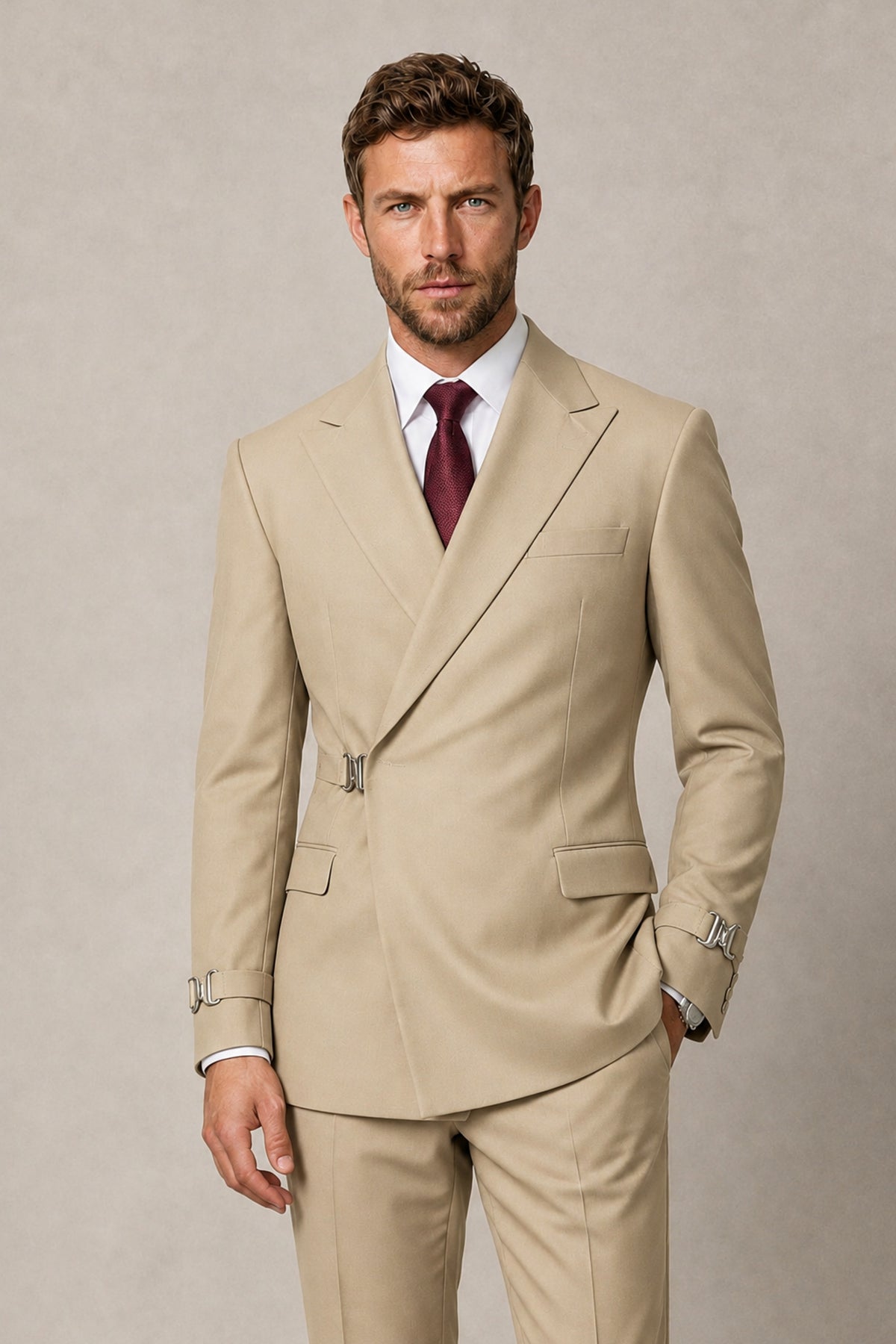 BOLODOO Men's Champagne Double-Breasted 2-Piece Suit Set – Blazer & Tailored Trousers - Champagne