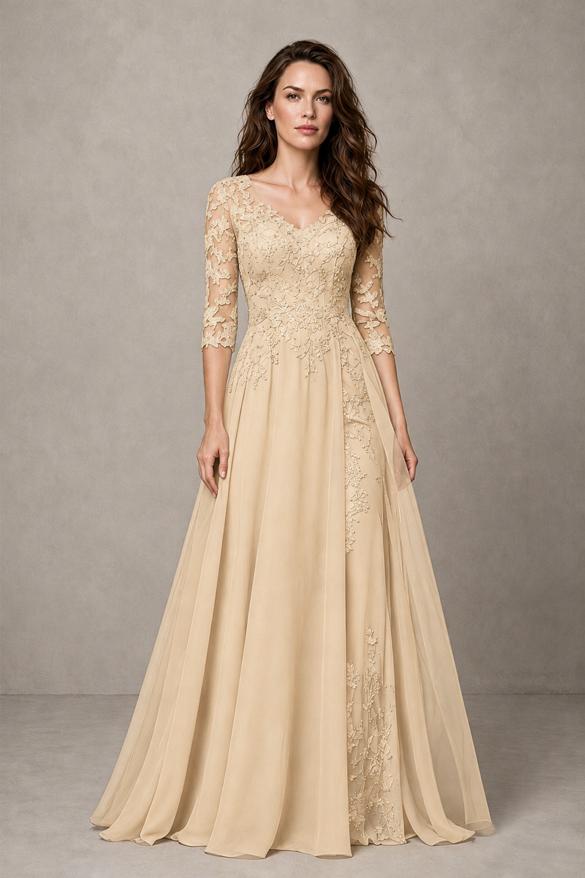 BOLODOO Midnight Champagne Beaded Lace Appliqué Chiffon A-Line Gown | Mother of the Bride & Formal Evening Dress - Champagne - Champagne_1