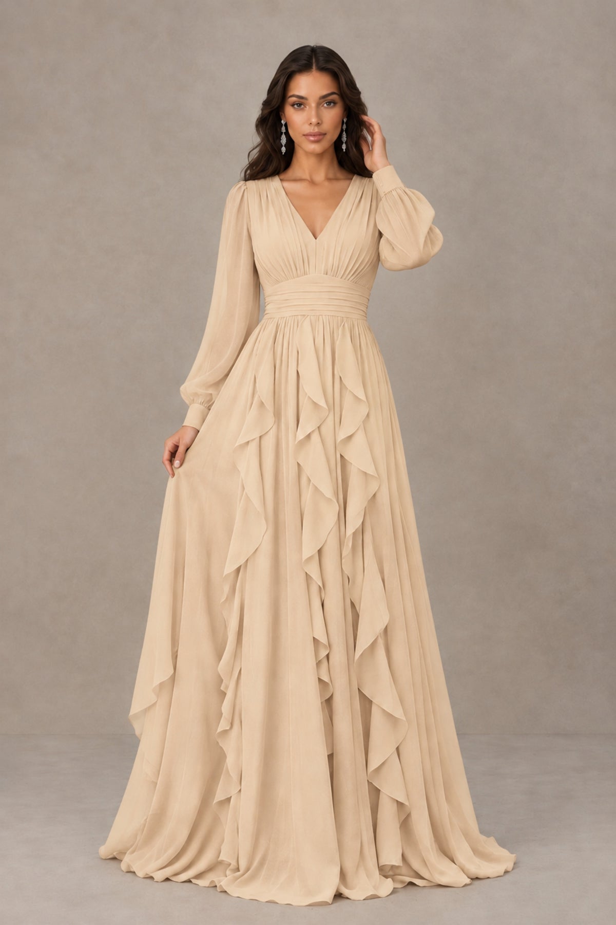 BOLODOO Champagne Long Sleeve V-Neck Ruffle Maxi Dress - Champagne