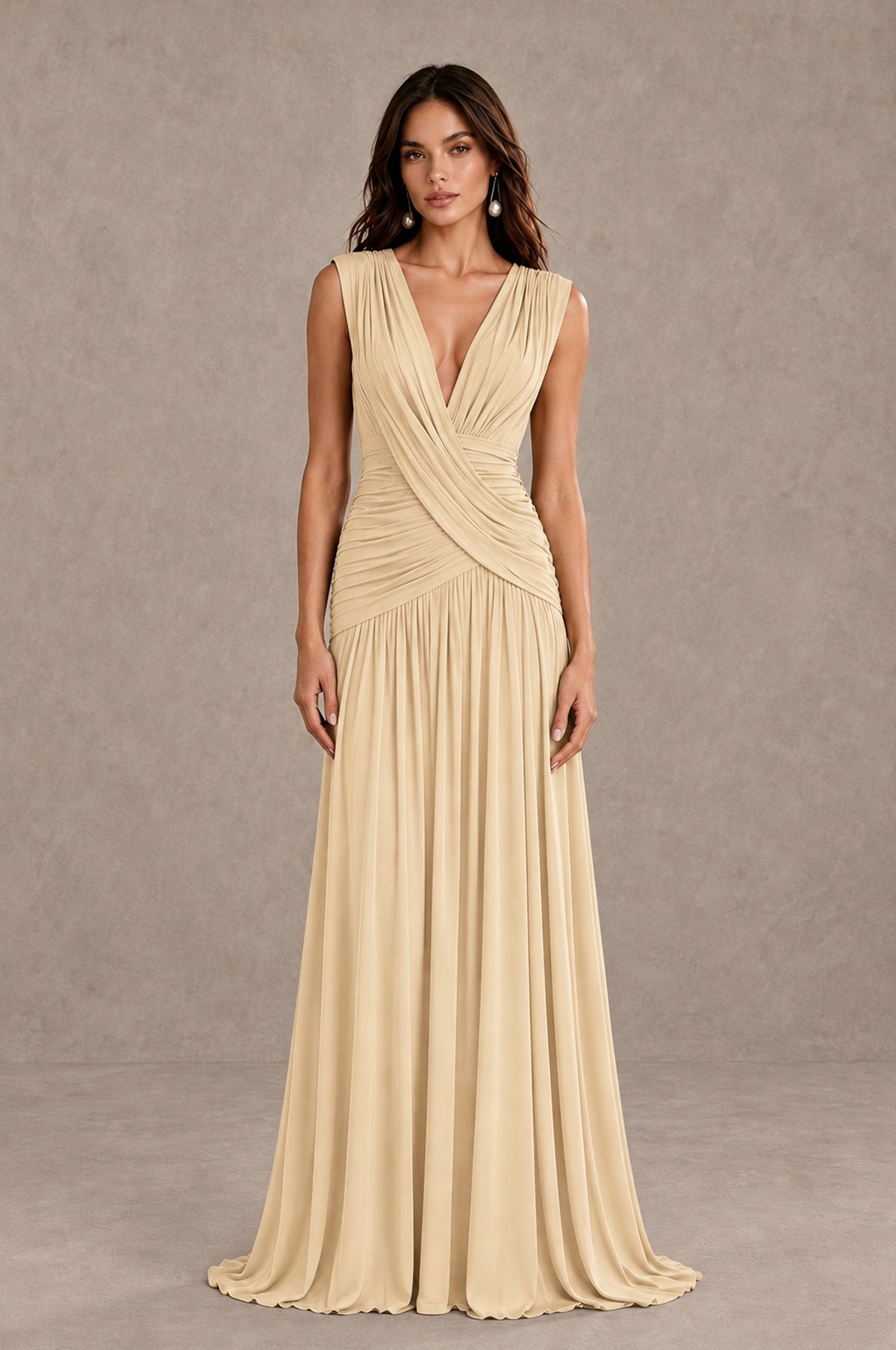BOLODOO Champagne V-Neck Ruched Wedding Guest Dress - Champagne - Champagne_1