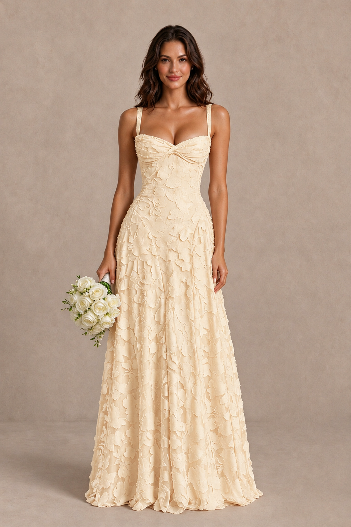 BOLODOO Champagne Floral-Textured A-Line Dress with Lace-Up Back - Champagne - Champagne_1