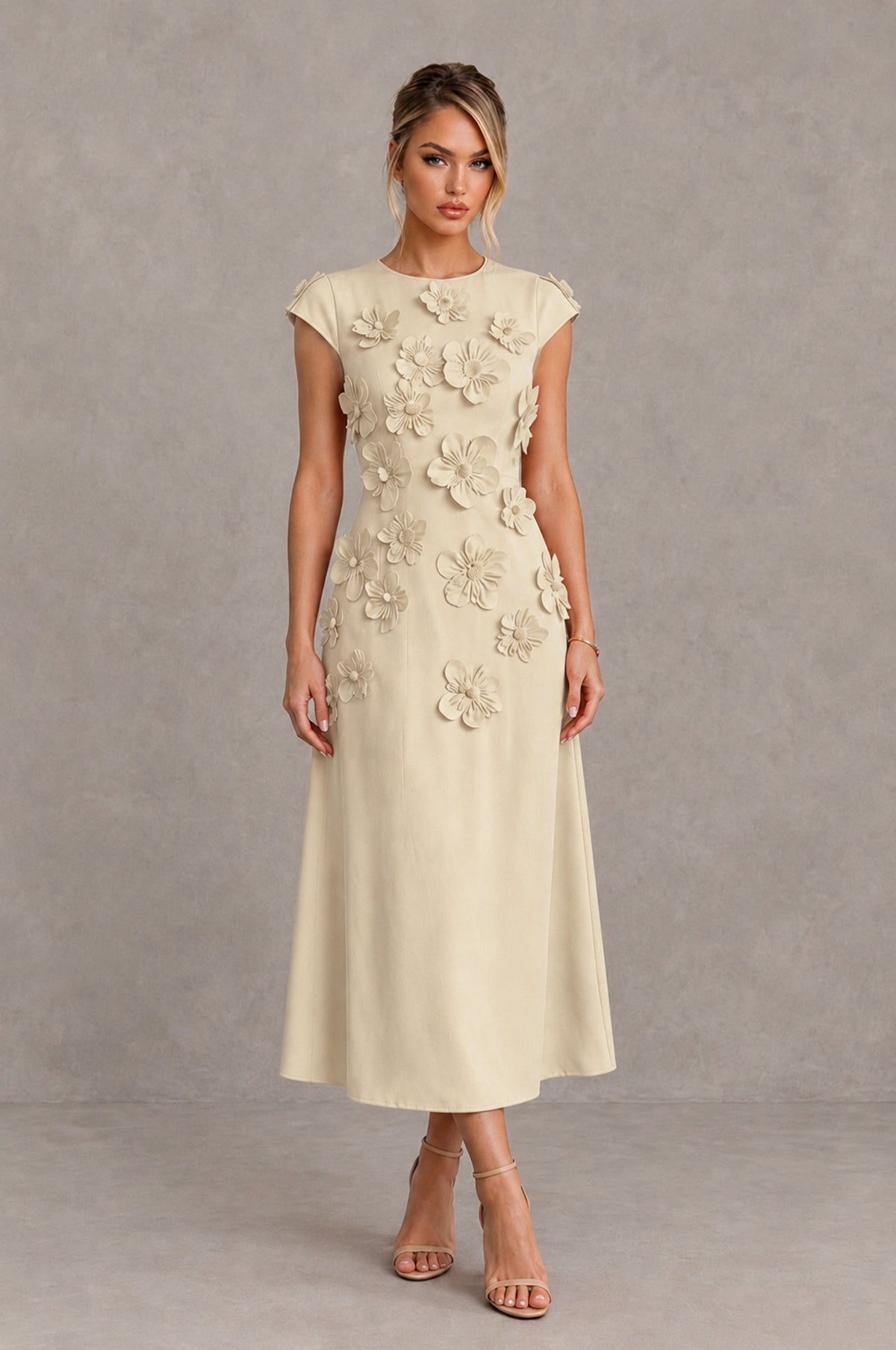BOLODOO Champagne 3D Floral Cap Sleeve Midi Cocktail Dress - Champagne - Champagne_1