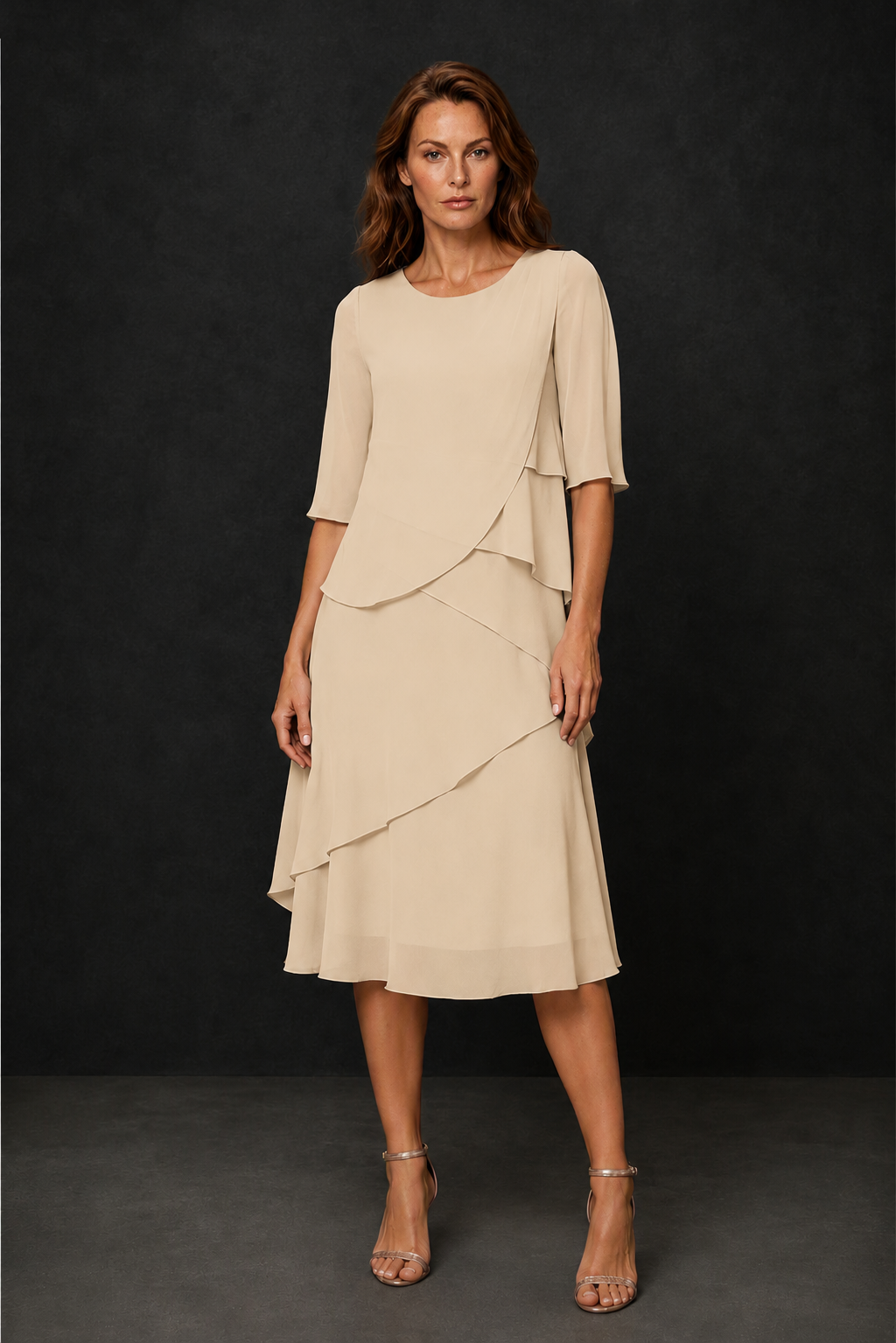 BOLODOO Champagne Chiffon 3/4 Sleeve Asymmetric Tiered Tea Length Dress | Mother of the Bride Midi Dress - Champagne