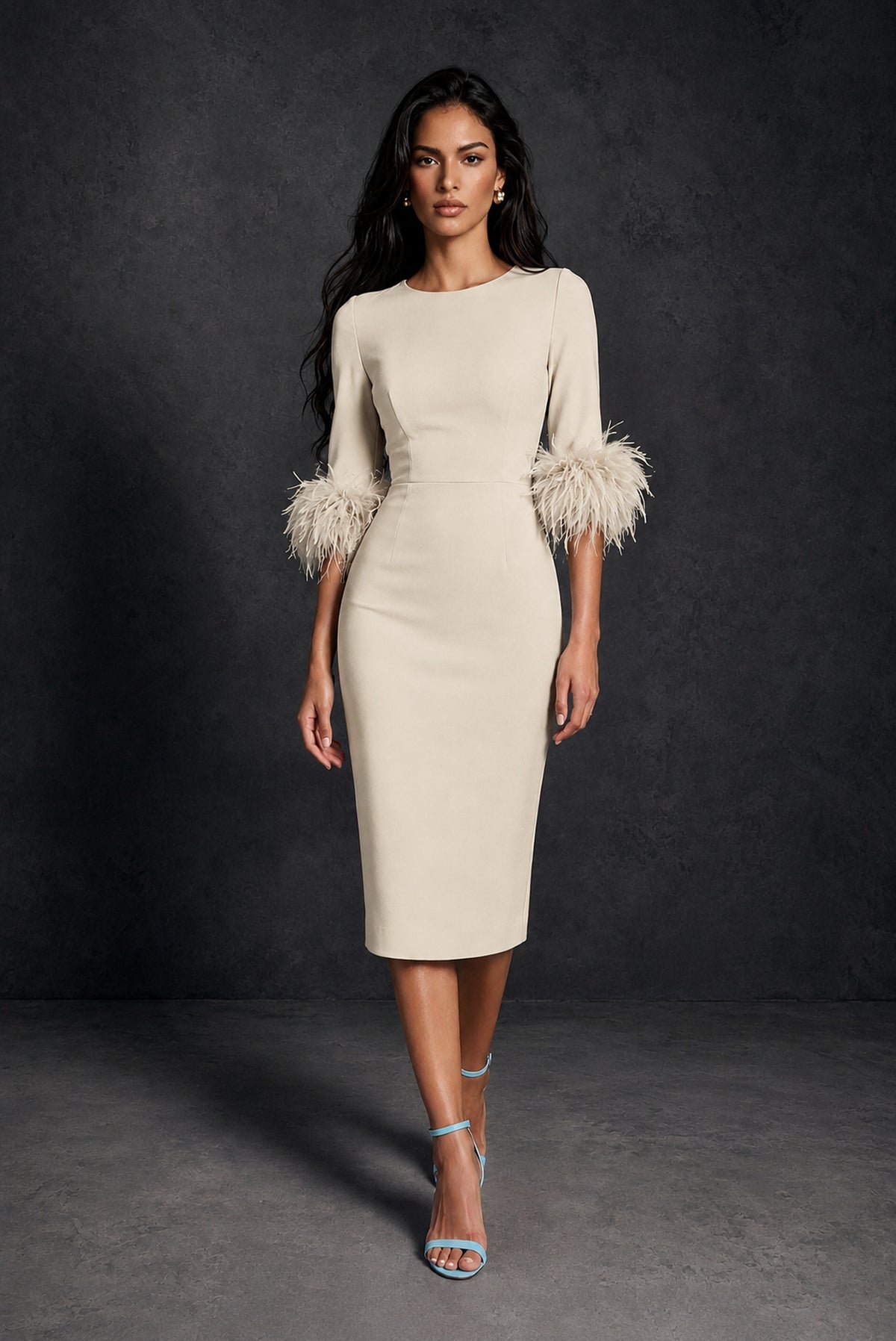 BOLODOO Champagne Ostrich Feather Cuff 3/4 Sleeve Round Neck Bodycon Midi Dress with Back Slit - Champagne