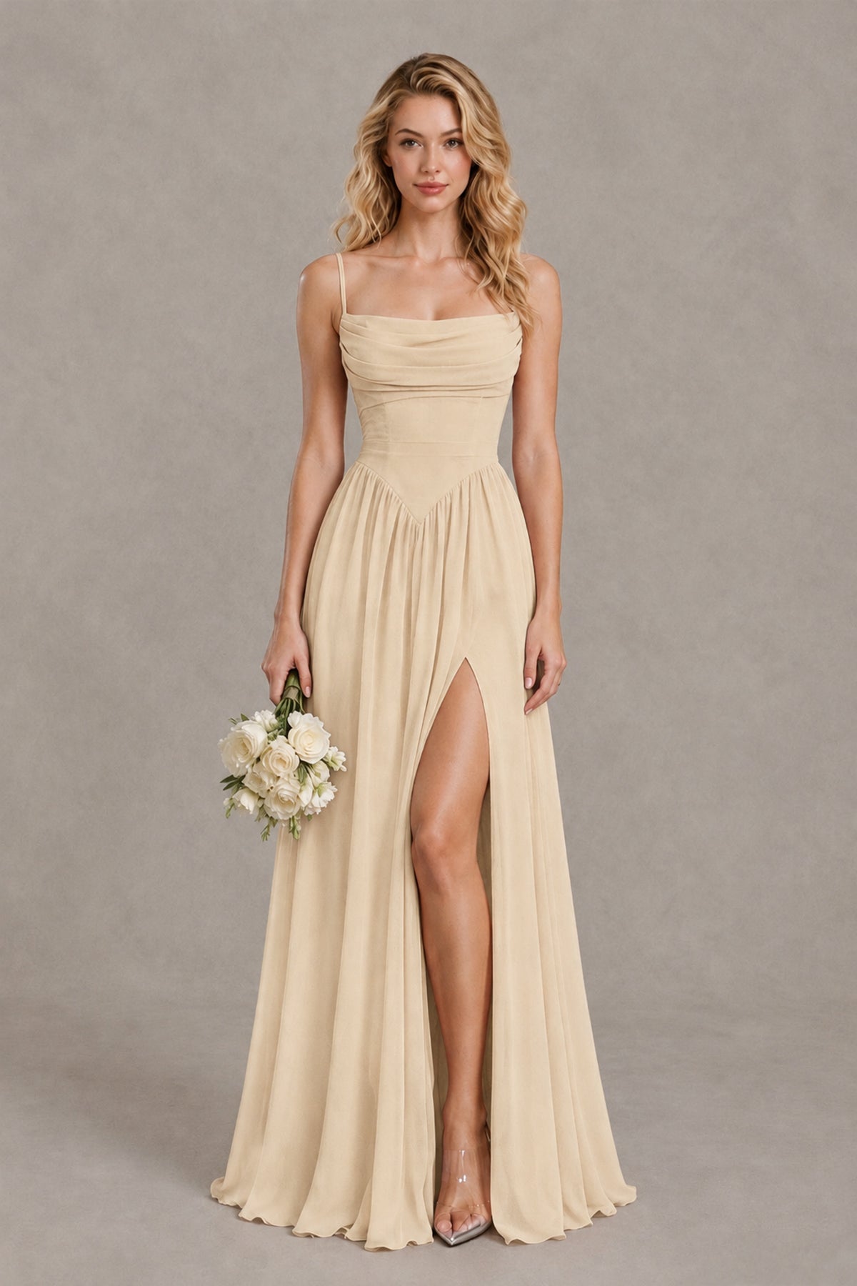 BOLODOO Champagne Spaghetti Strap A-Line Bridesmaid Dress with Slit - Champagne - Champagne_1