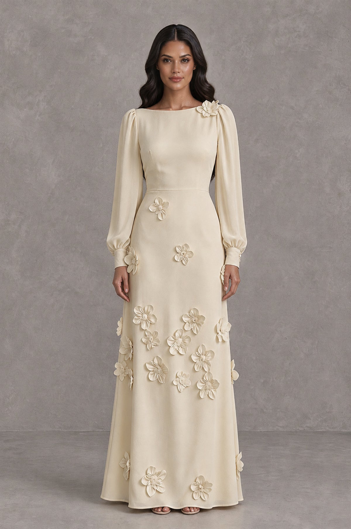 BOLODOO Champagne Long Sleeve Floral Applique A-Line Evening Dress - Champagne - Champagne_1