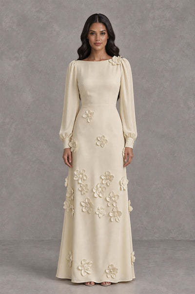 BOLODOO Champagne Long Sleeve Floral Applique A-Line Evening Dress - Champagne - Champagne_1