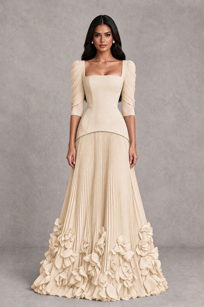 BOLODOO Champagne Square Neck Pleated Floral Applique Evening Dress - Champagne - Champagne_1