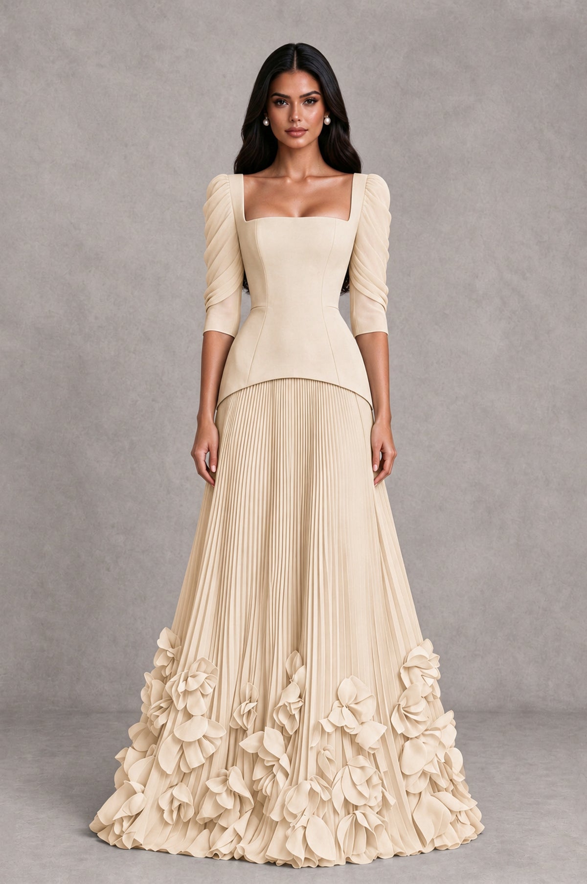 BOLODOO Champagne Square Neck Pleated Floral Applique Evening Dress - Champagne - Champagne_1
