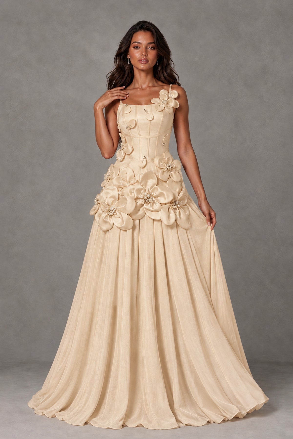 BOLODOO Champagne 3D Floral Appliqué Floor-Length A-Line Evening Gown - Champagne