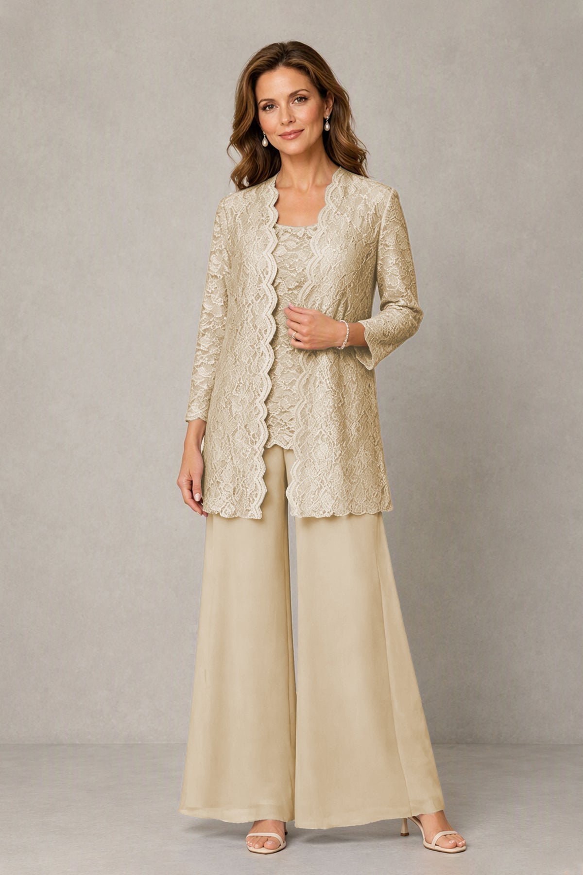 BOLODOO Champagne 3-Piece Lace Chiffon Pantsuit – Mother of the Bride Wedding Guest with Jacket - Champagne