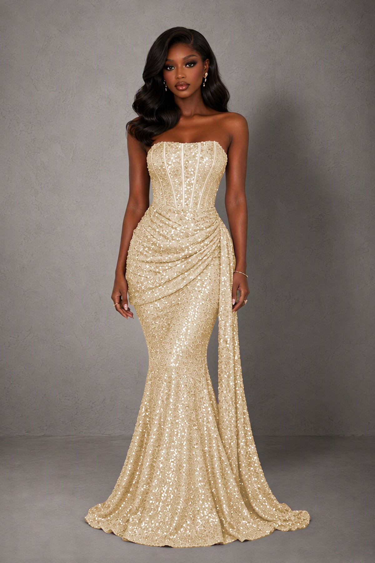 BOLODOO Champagne Sequin Strapless Corset Mermaid Evening Gown with Train - Champagne
