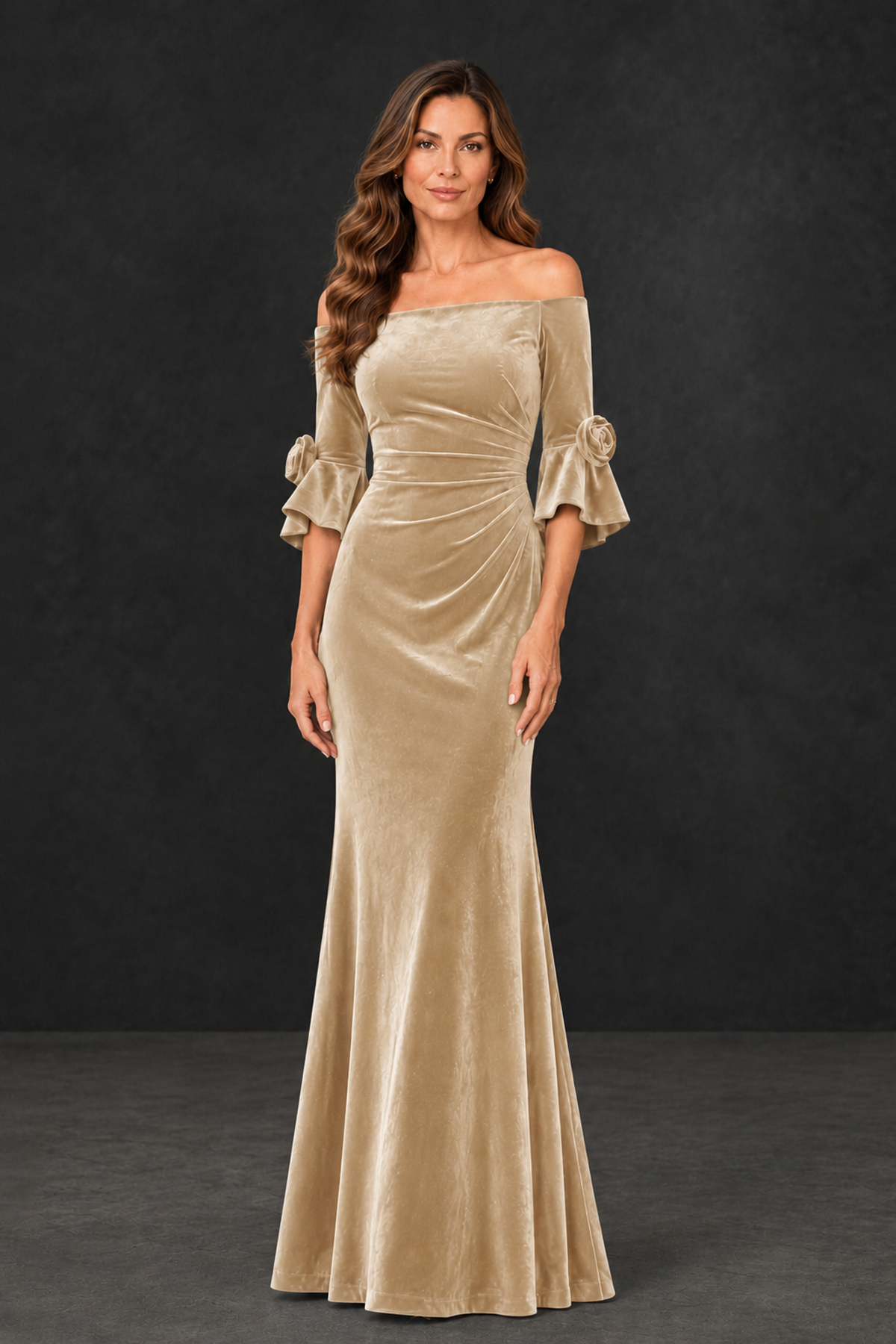 BOLODOO Champagne Velvet Mother of the Bride Dress with Rosette Sleeves - Champagne - Champagne_1