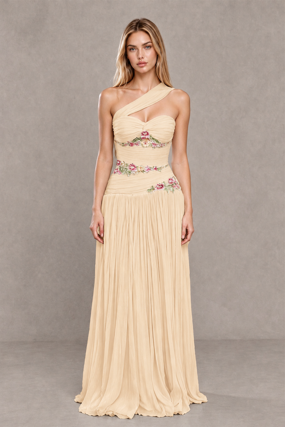 BOLODOO Champagne One-Shoulder Floral Applique A-Line Evening Dress - Champagne - Champagne_1