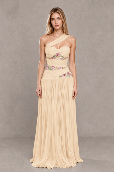 BOLODOO Champagne One-Shoulder Floral Applique A-Line Evening Dress - Champagne - Champagne_1