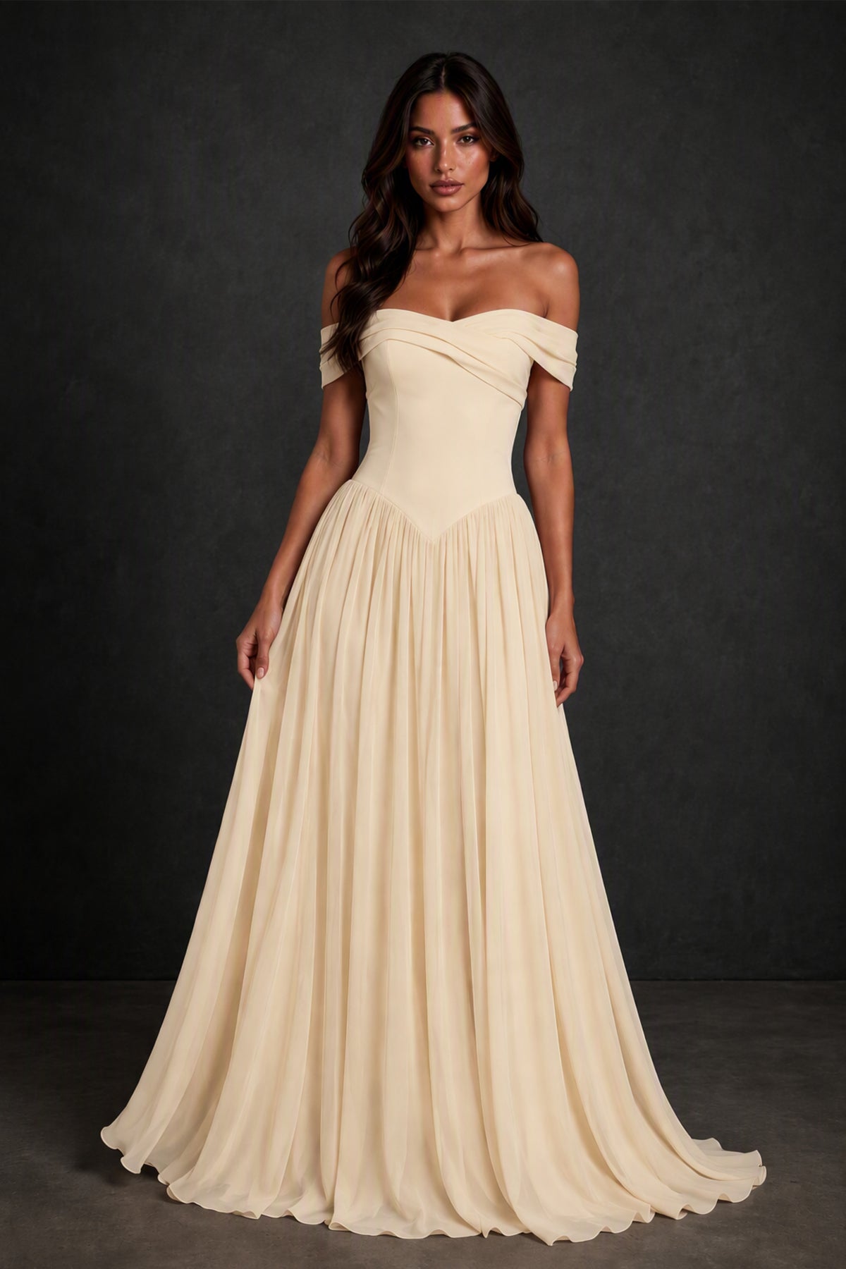 BOLODOO Champagne Off-Shoulder Sweetheart Corset Pleated Chiffon Maxi Dress - Champagne
