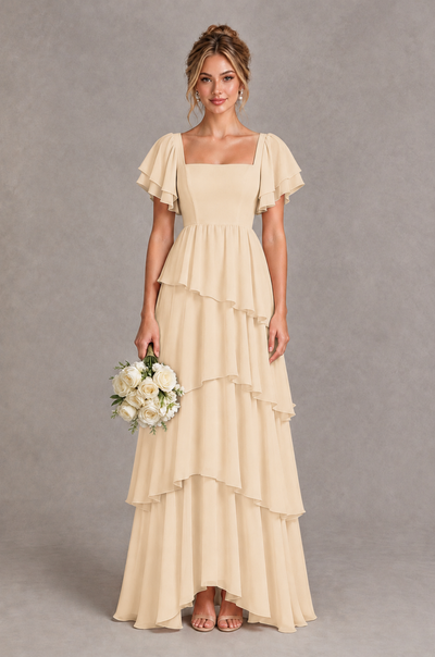 BOLODOO Champagne Square Neck Flutter Sleeve Tiered Chiffon Bridesmaid Dress with Lace-Up Back - Champagne - Champagne_1