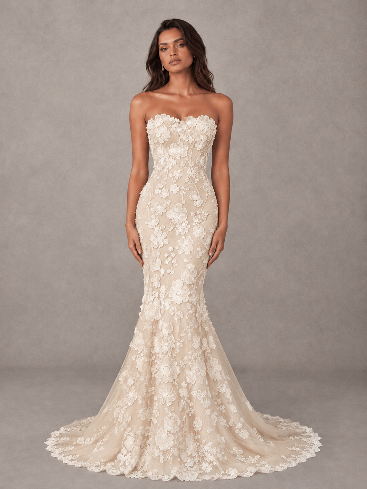 BOLODOO Champagne Strapless 3D Floral Lace Mermaid Prom Dress with Train - Champagne - Champagne_1