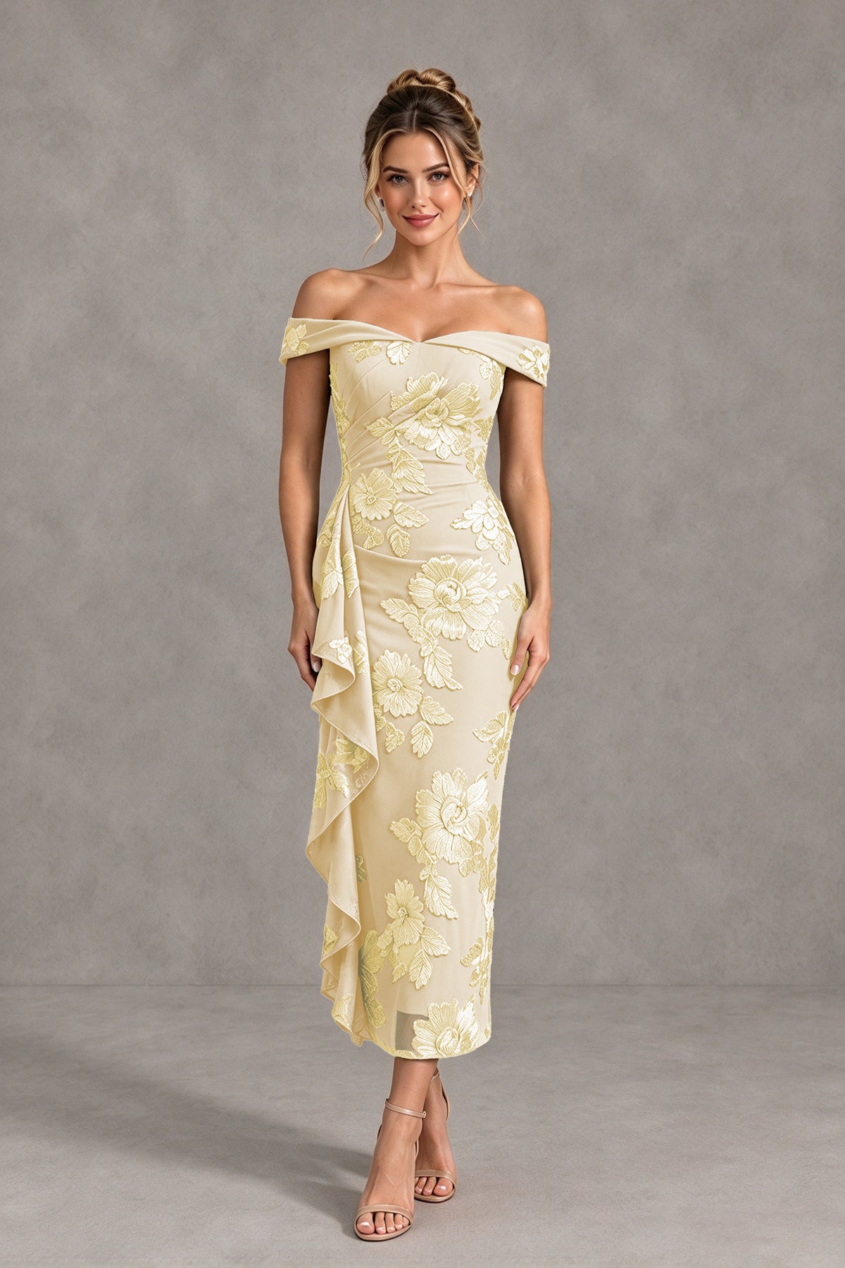 BOLODOO Champagne Off Shoulder Floral Jacquard Midi Dress - Champagne - Champagne(1)