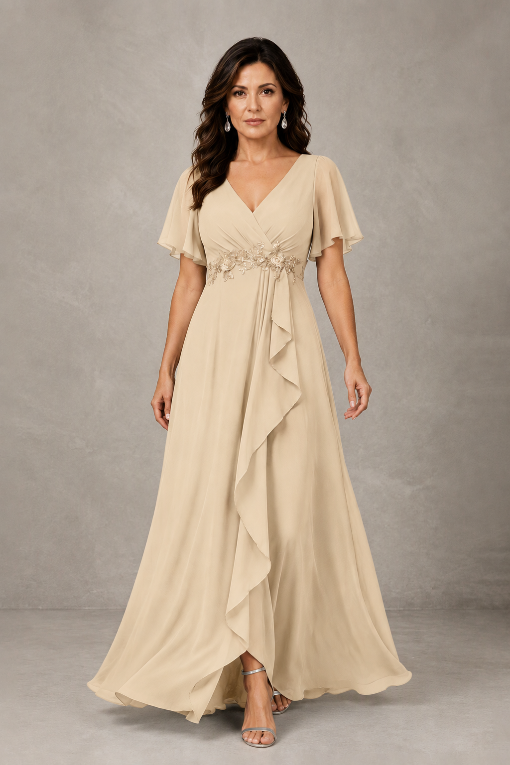 BOLODOO Champagne Chiffon V-Neck Flutter Sleeve Floral Applique Cascade Ruffle Lace-Up Back A-Line Maxi Evening Dress - Champagne