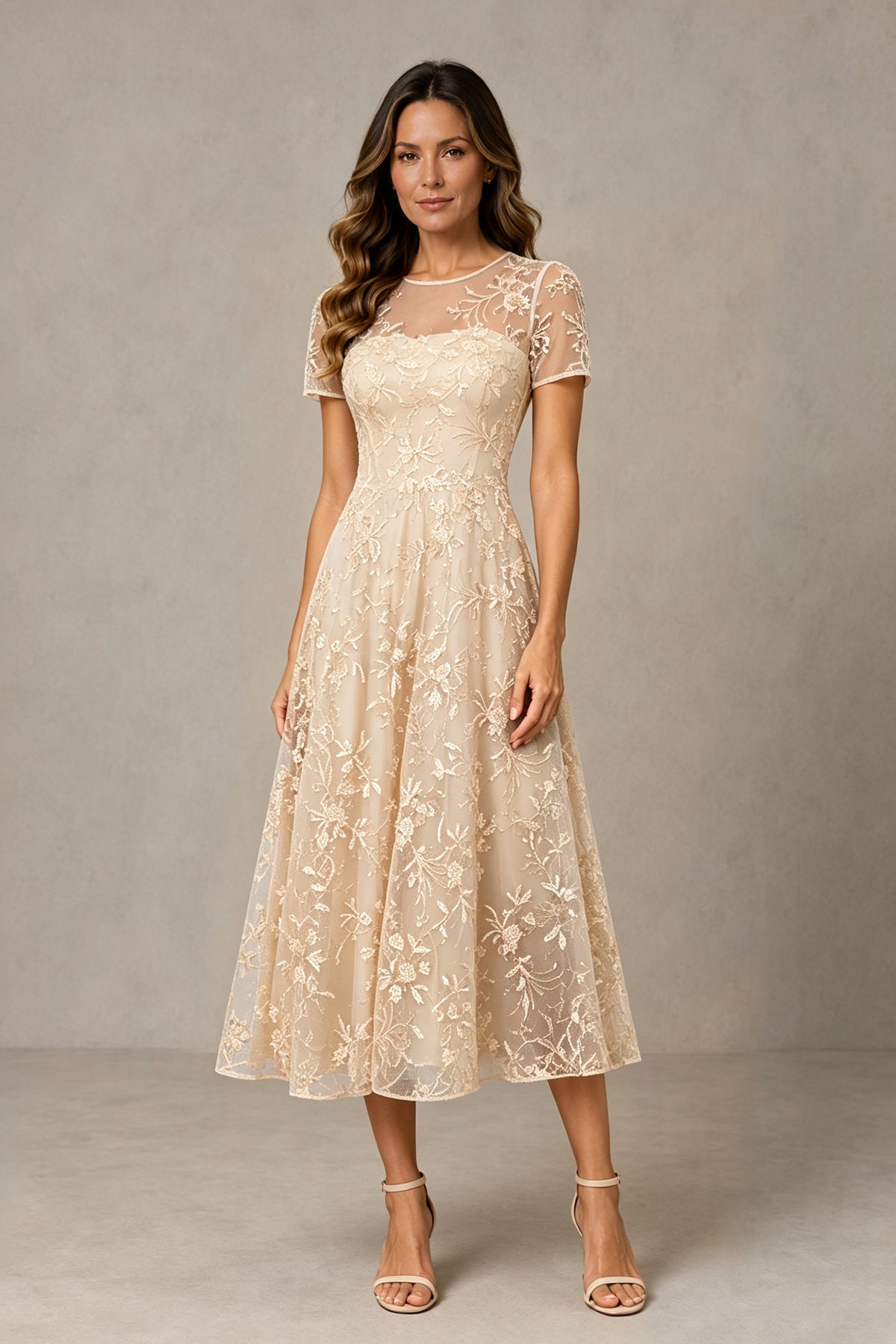 BOLODOO Champagne Textured Floral A-Line Dress with Short Sleeves - Champagne