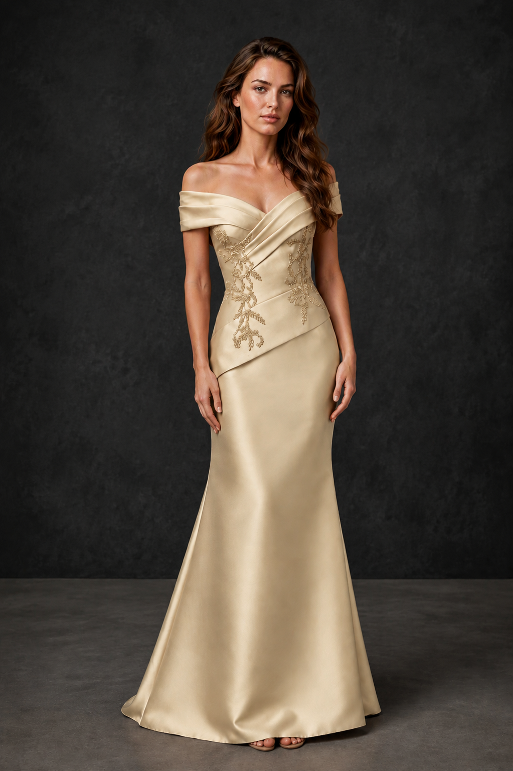 BOLODOO Champagne Satin Off-Shoulder Sweetheart Asymmetric Peplum Mermaid Gown with Champagne Floral Embroidery | MOB Evening Dress - Champagne