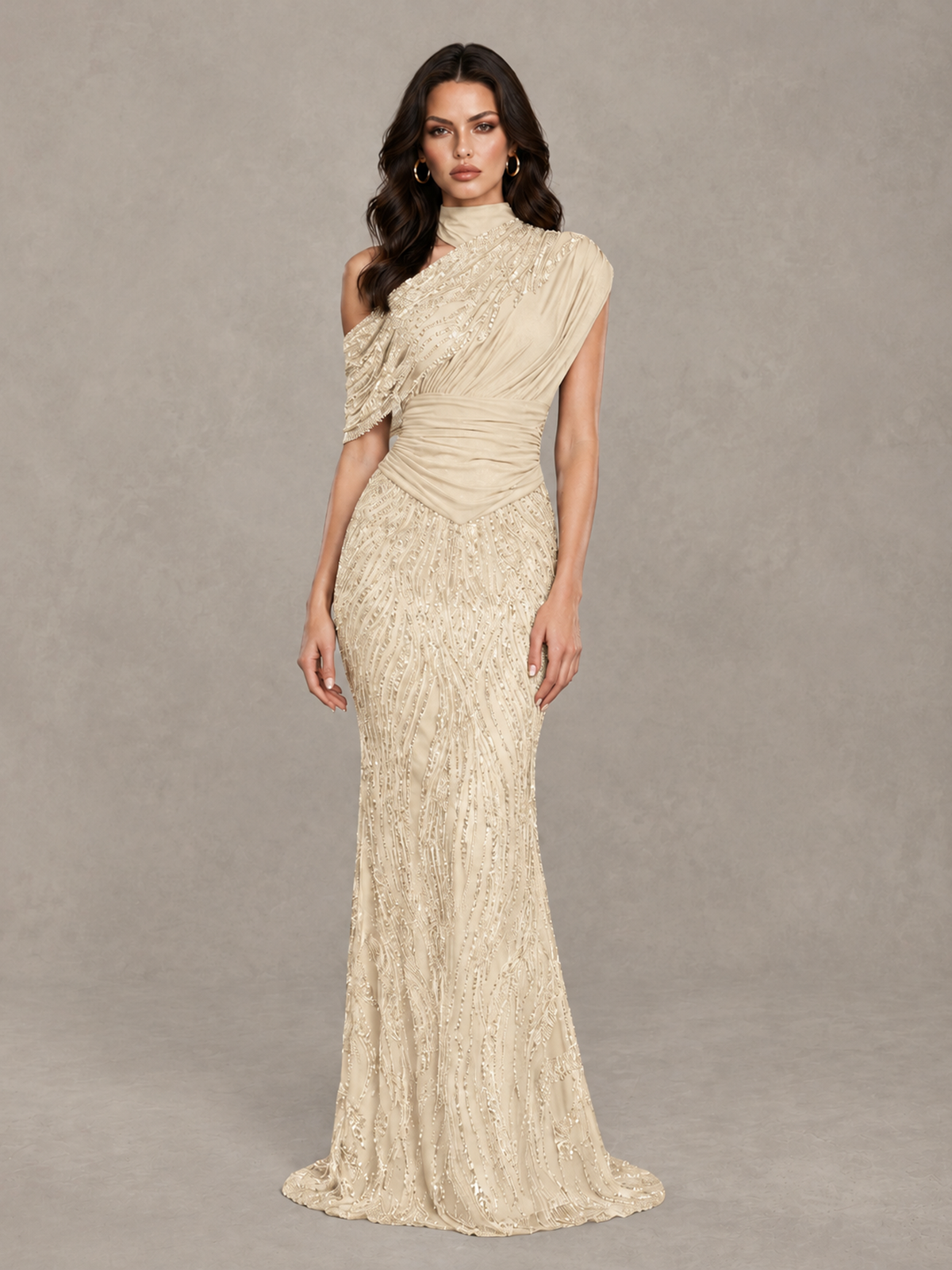 BOLODOO Champagne High Neck Draped Sequin Mermaid Evening Gown - Champagne - Champagne_1