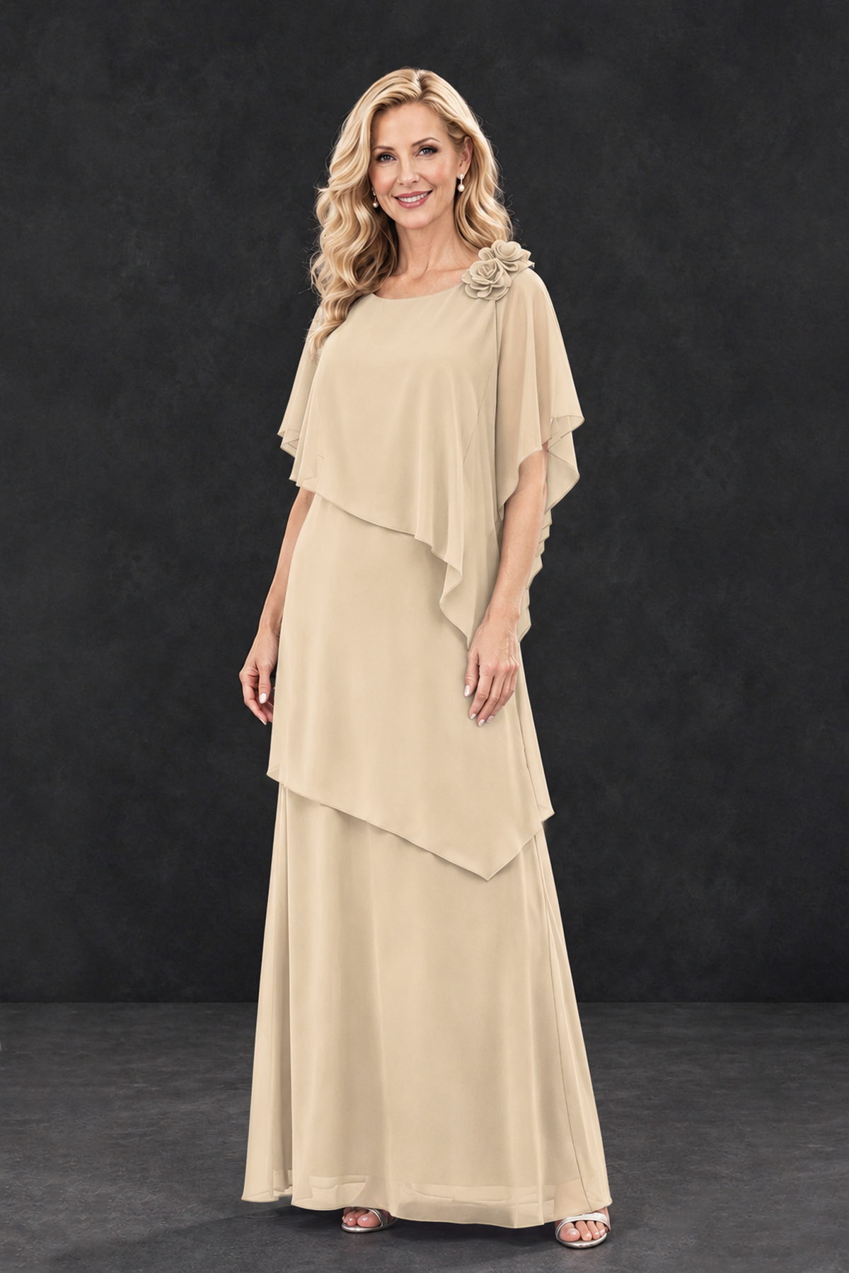 BOLODOO Champagne Tiered Flutter Sleeve Mother of the Bride Maxi Dress - Champagne - Champagne_1