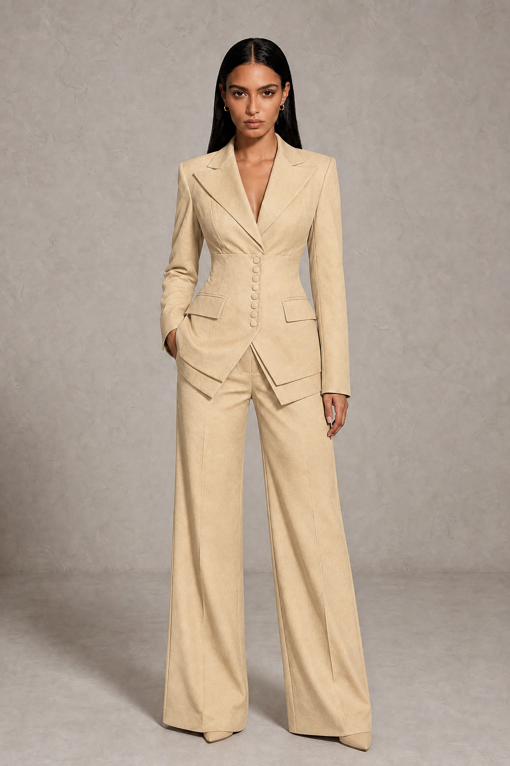 BOLODOO Champagne Cinched Waist Blazer and Wide Leg Pants Two Piece Suit Set - Champagne