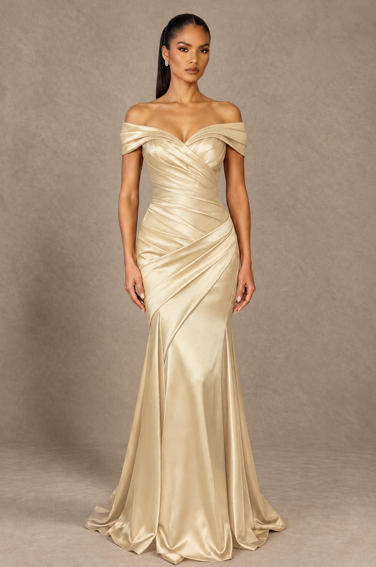 BOLODOO Champagne Off-the-Shoulder Ruched Satin Mermaid Evening Dress - Champagne - Champagne_1