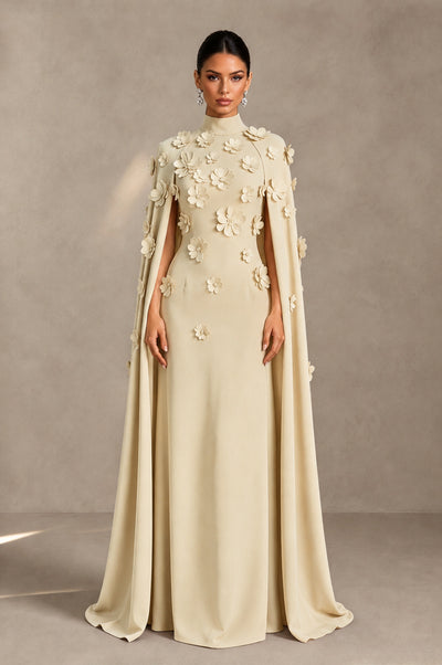 BOLODOO Champagne 3D Floral Applique Cape Formal Dress - Champagne - Champagne_1
