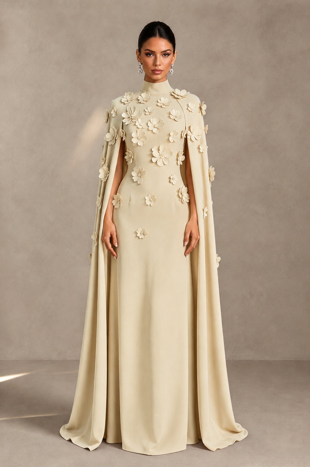 BOLODOO Champagne 3D Floral Applique Cape Formal Dress - Champagne - Champagne_1