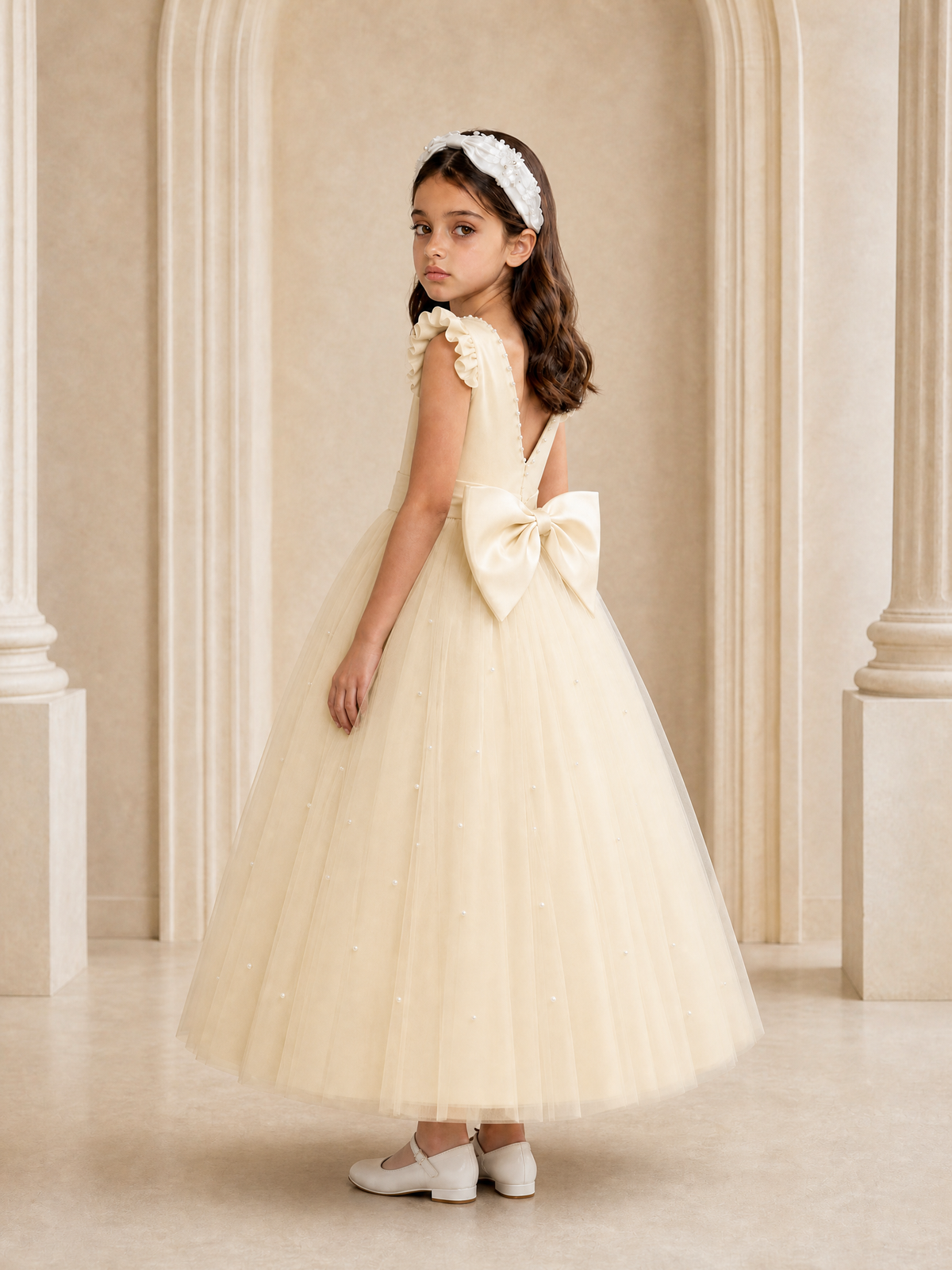 BOLODOO Champagne Tulle Flower Girl Dress with Ruffle Sleeves & Bow Back - Champagne - Champagne_1
