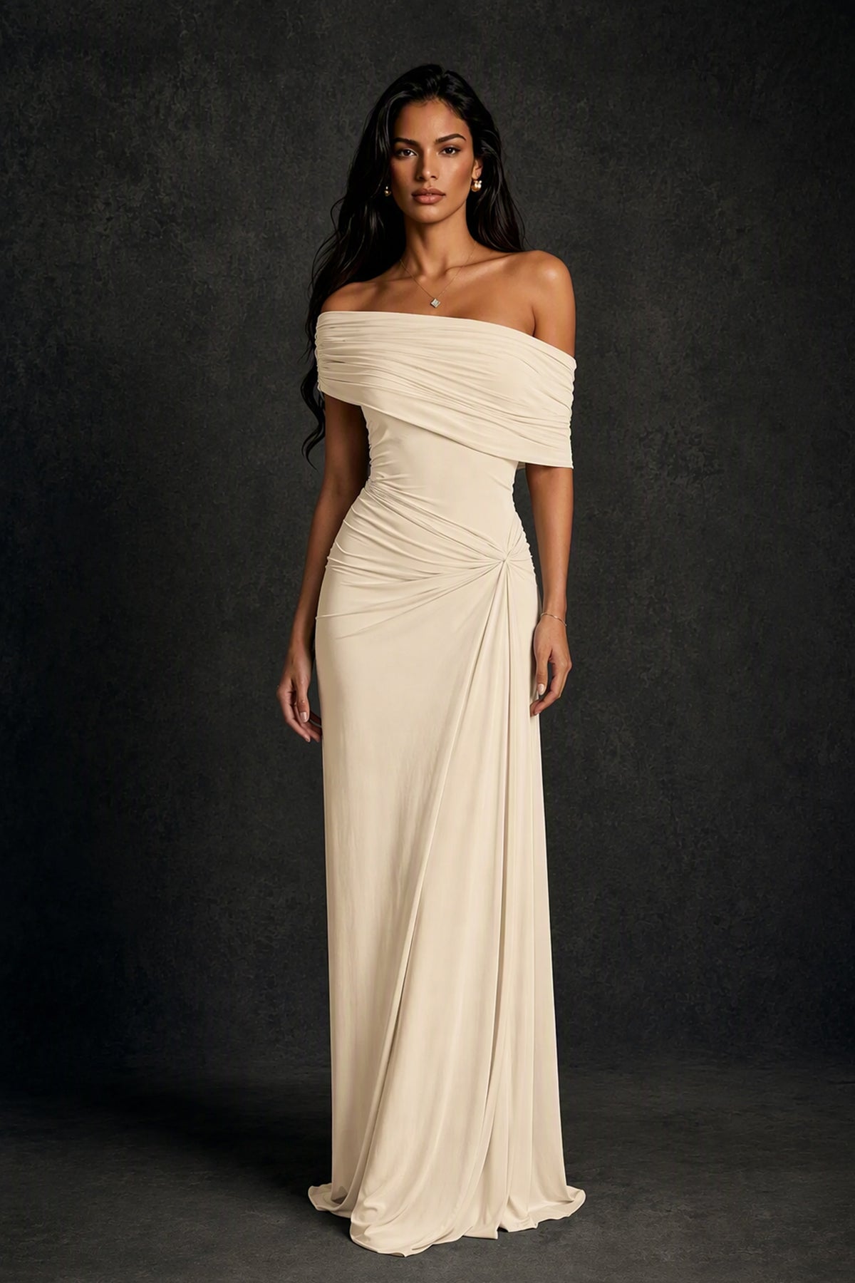BOLODOO Champagne Off-Shoulder Ruched Maxi Dress - Champagne