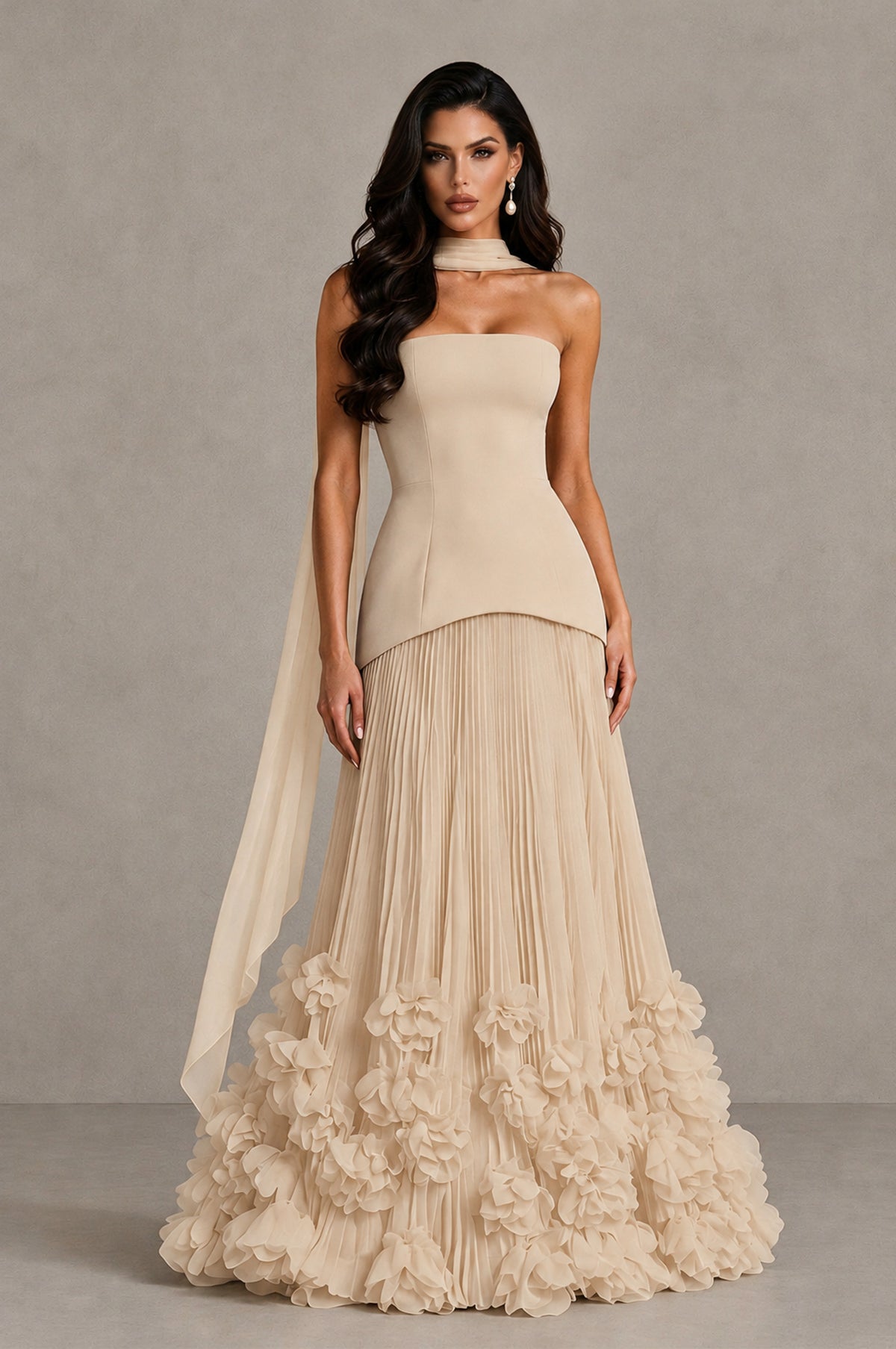 BOLODOO Champagne Strapless Pleated Floral Hem Evening Gown - Champagne - Champagne_1