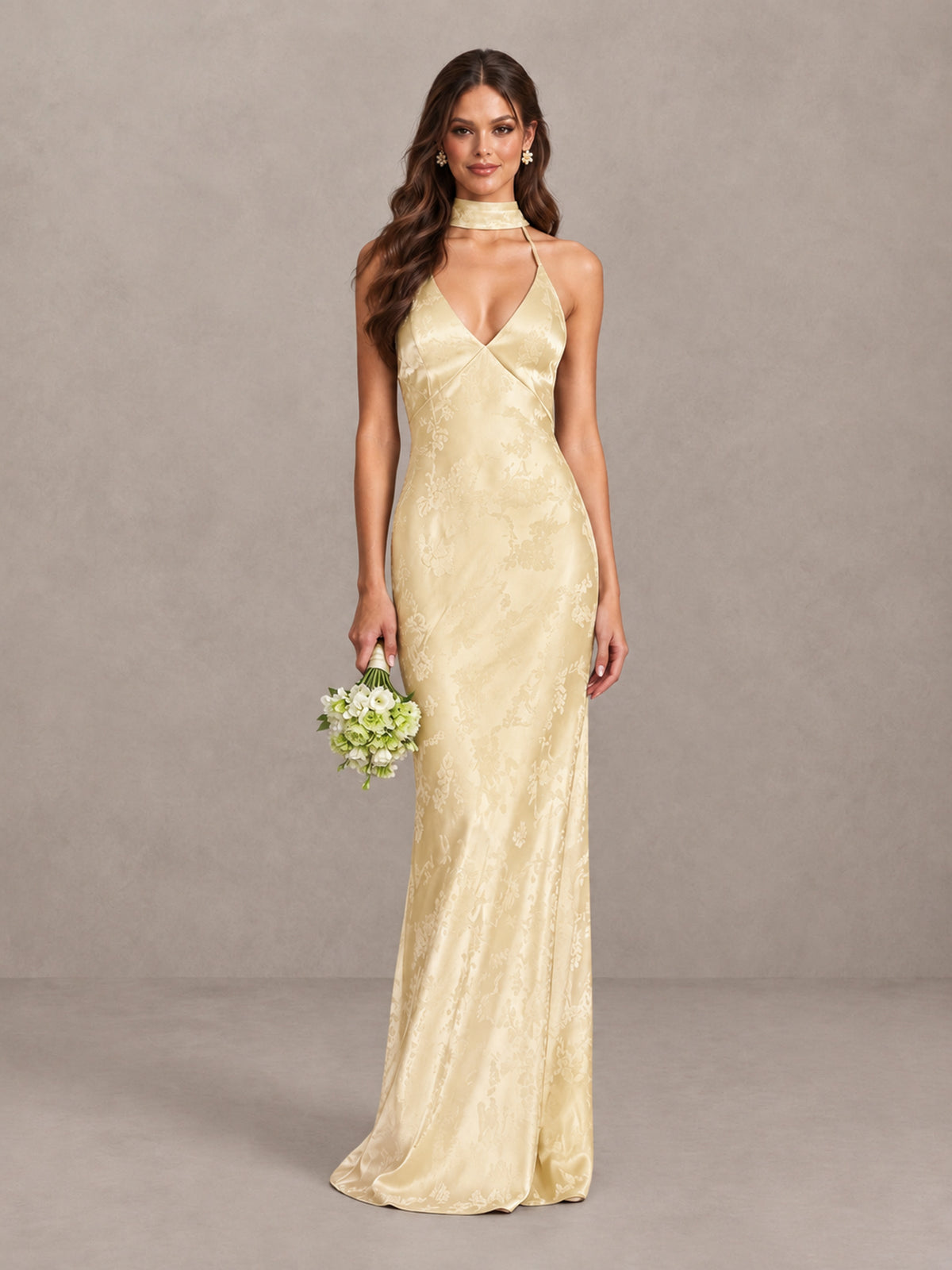 BOLODOO Champagne Floral Satin Open-Back Bridesmaid Dress - Champagne - Champagne_1