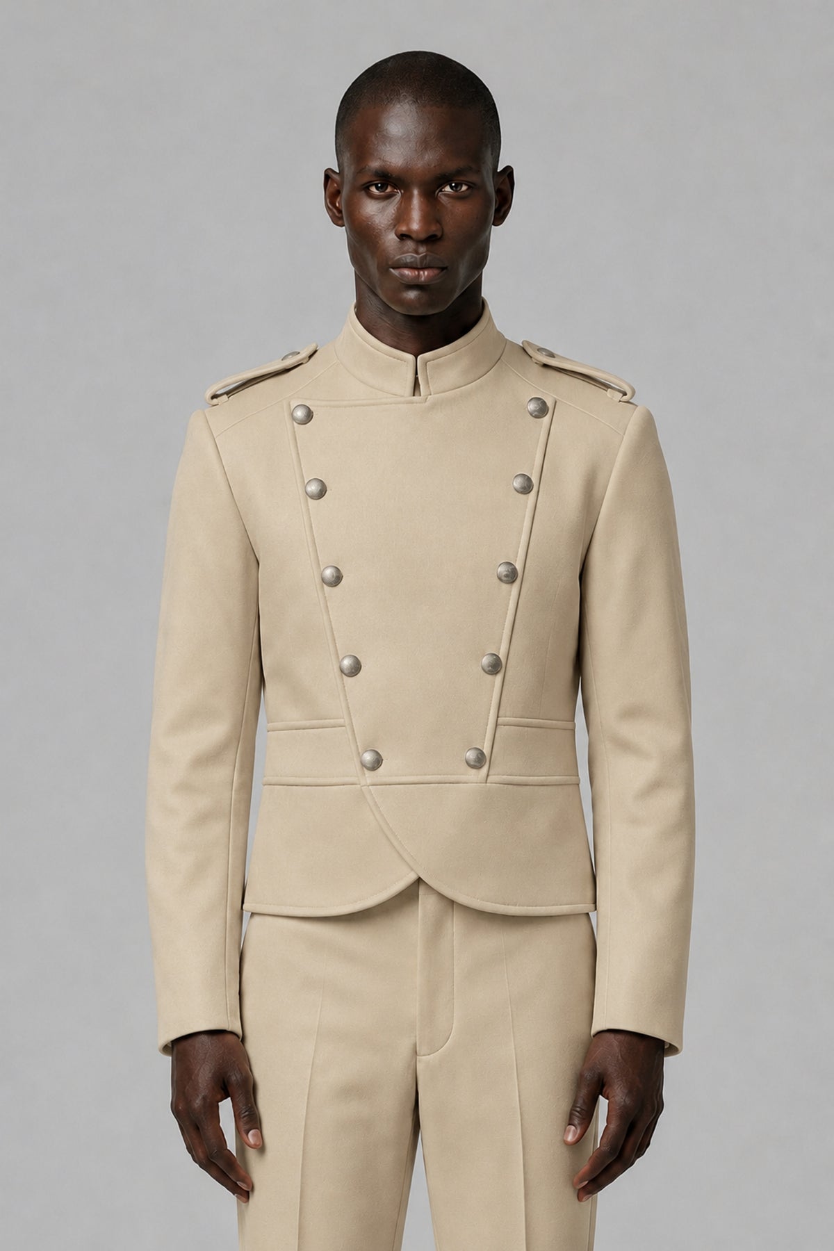 Bolodoo Men's Champagne Military-Inspired Two-Piece Suit with Stand Collar - Champagne - Champagne_1