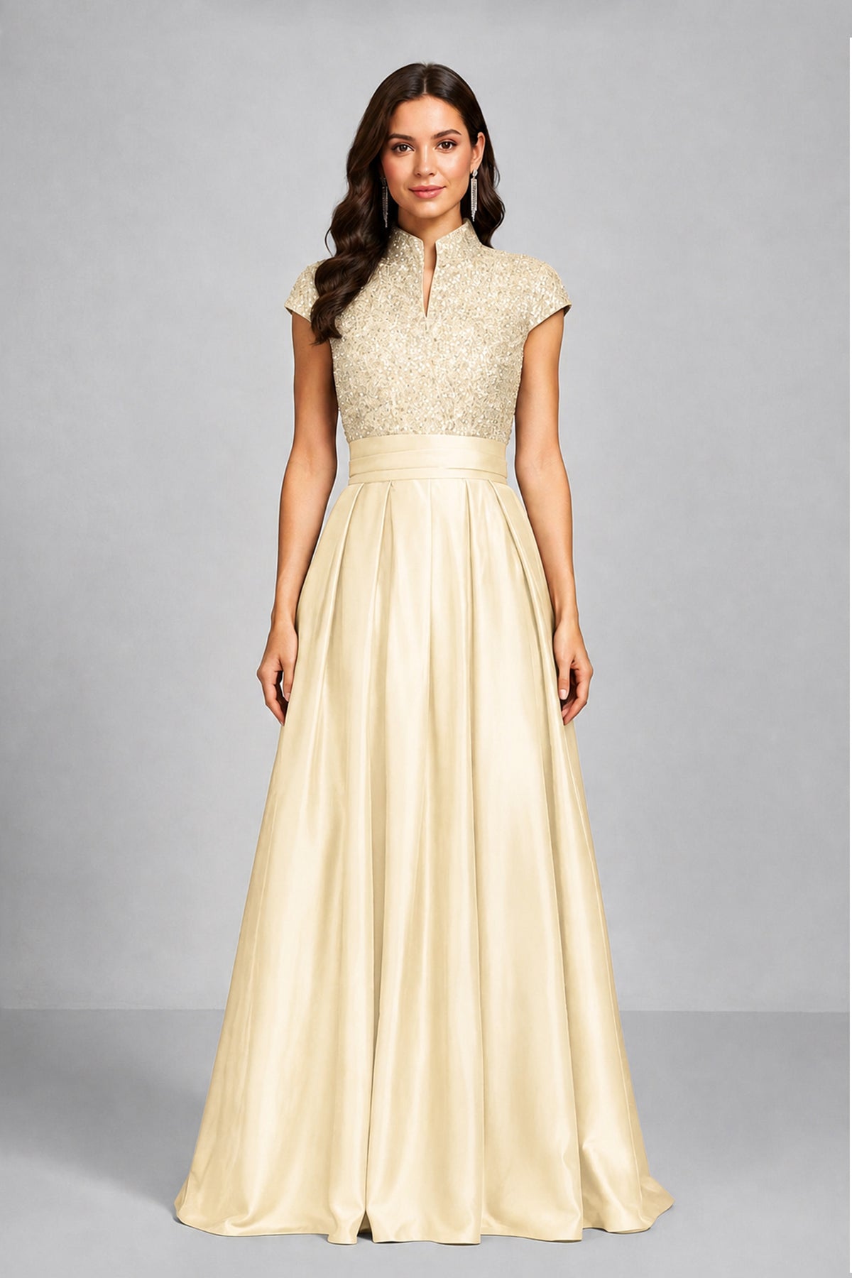 BOLODOO Champagne Sequin Embroidered High Neck Cap Sleeve A-Line Ball Gown – Formal Evening Dress - Champagne