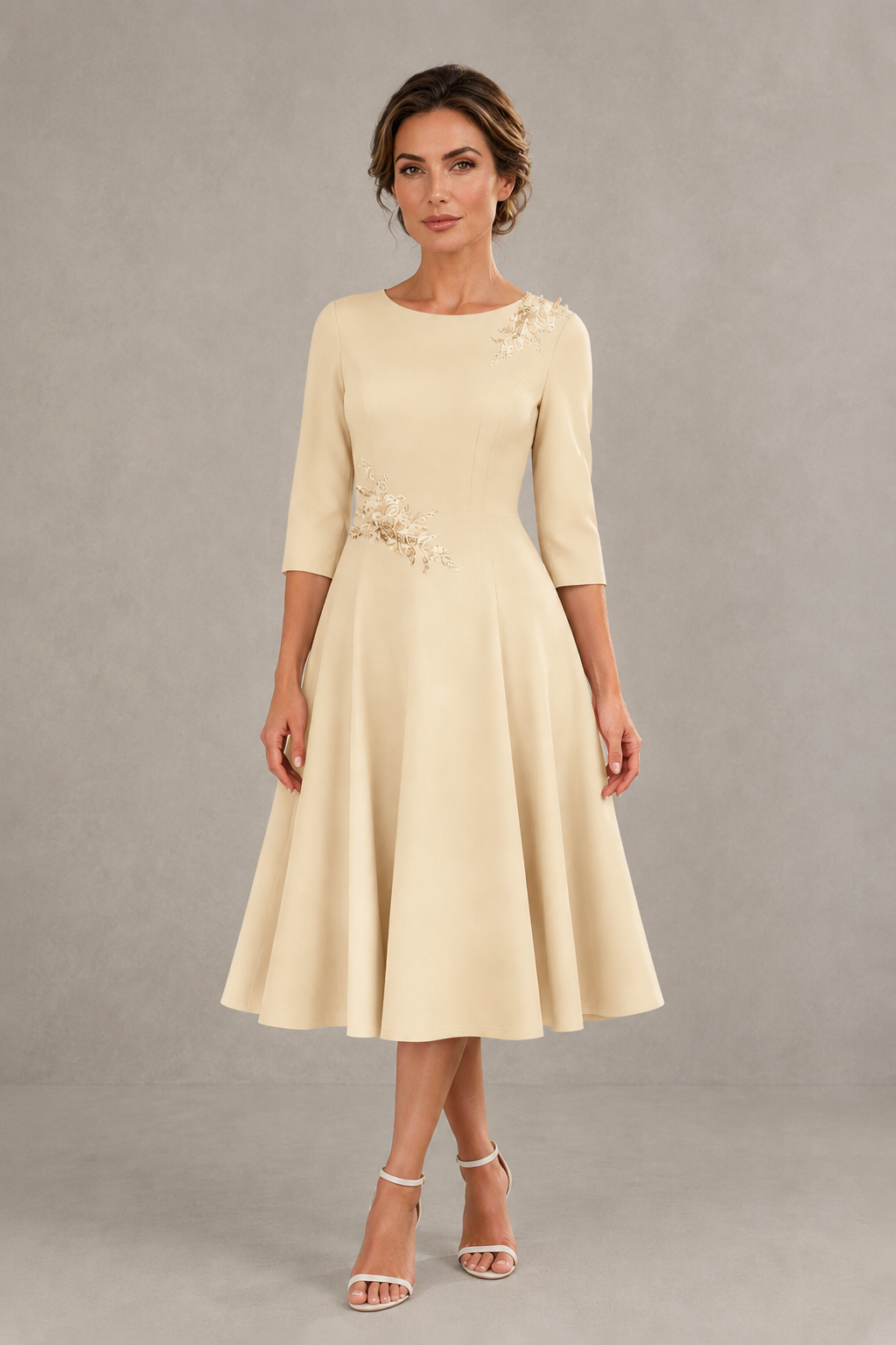 BOLODOO Champagne 3/4 Sleeve A-Line Dress with Floral Embroidery – Mother of the Bride & Wedding Guest Dress - Champagne