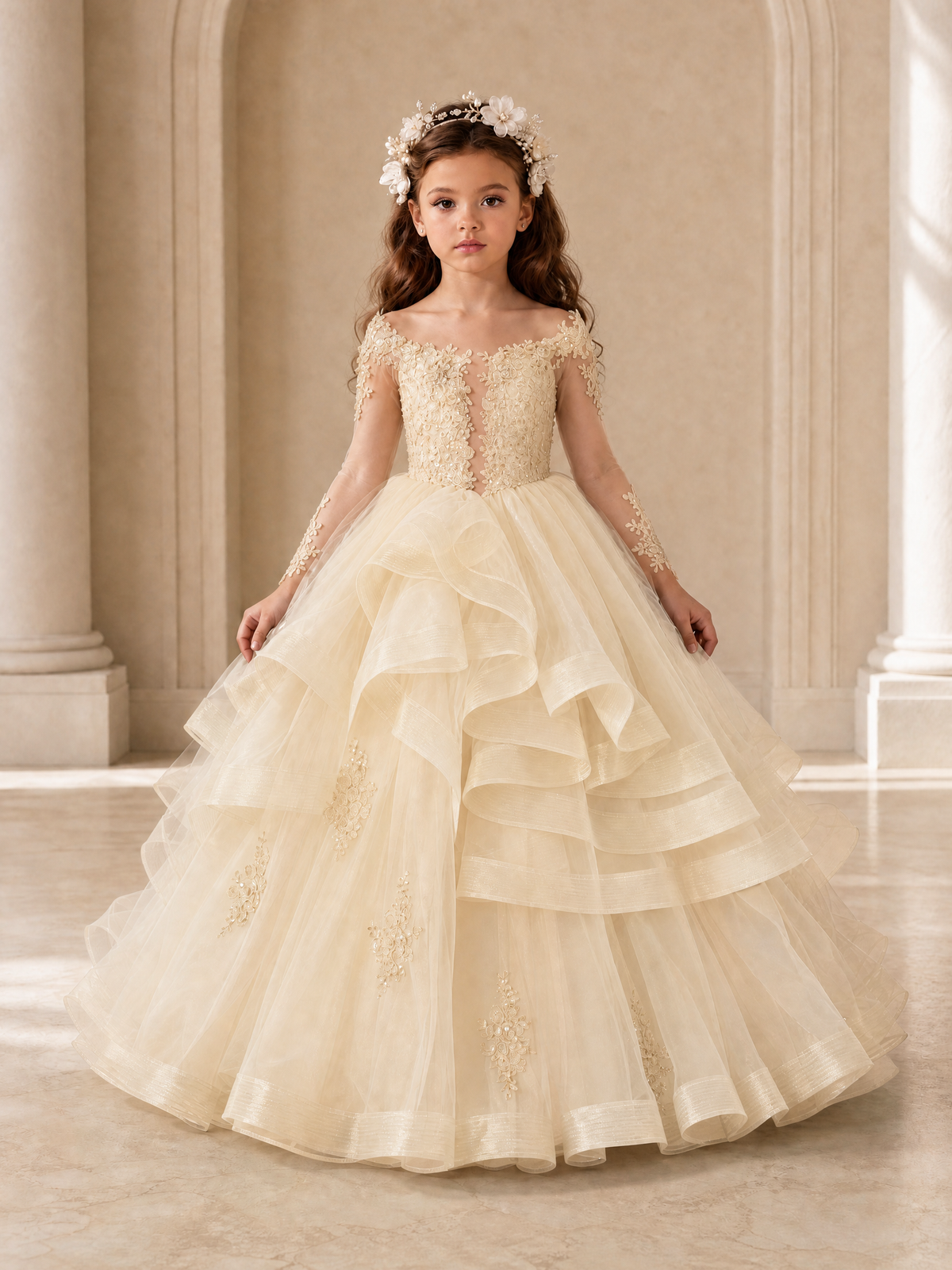 BOLODOO Champagne Lace Long Sleeve Tiered Flower Girl Dress - Champagne - Champagne_1