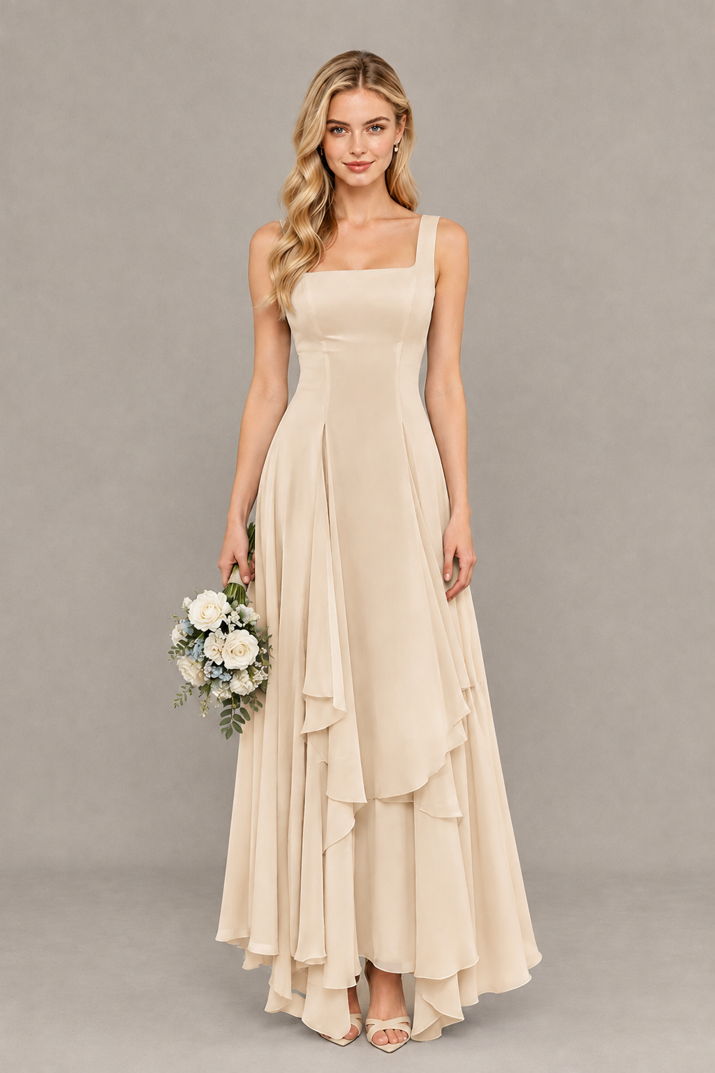 BOLODOO Champagne Square Neck Chiffon Bridesmaid Dress with Lace-Up Back - Champagne