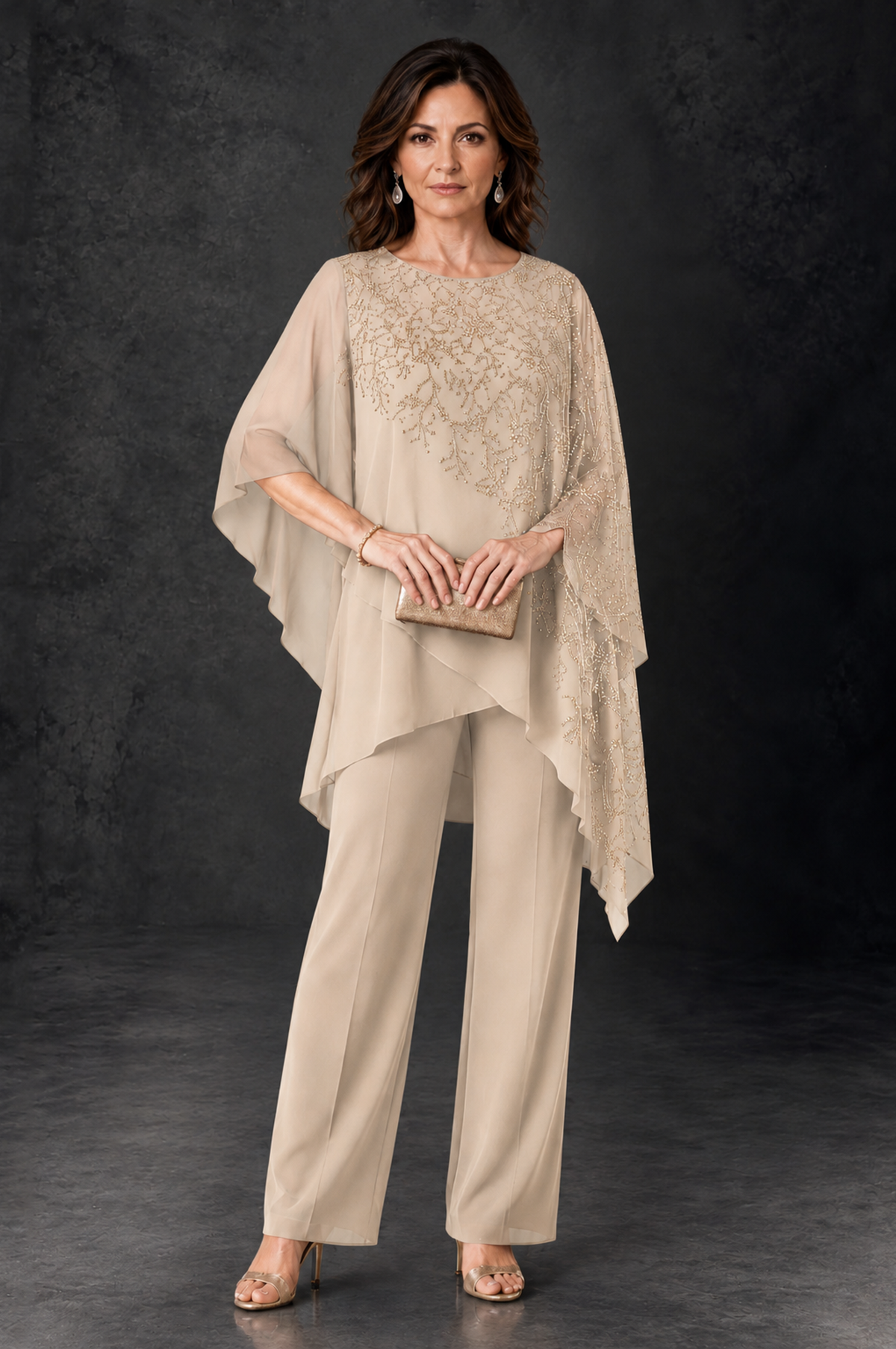 BOLODOO Champagne Embellished Cape Pant Suit for Mother of the Bride - Champagne - Champagne_1