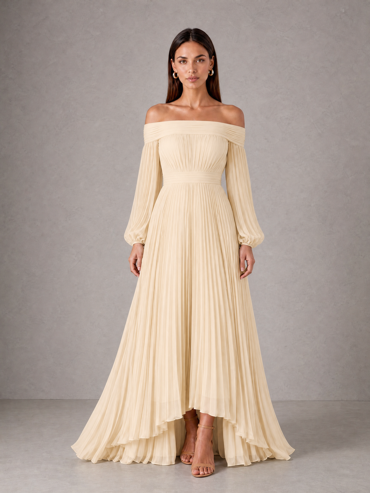 BOLODOO Champagne Off-Shoulder Long Sleeve Pleated High-Low Dress - Champagne - Champagne_1