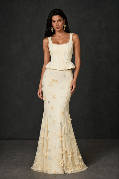 BOLODOO Champagne Peplum Corset Top & 3D Floral Mermaid Skirt Two-Piece Set – Lace-Up Back Formal Gown - Champagne