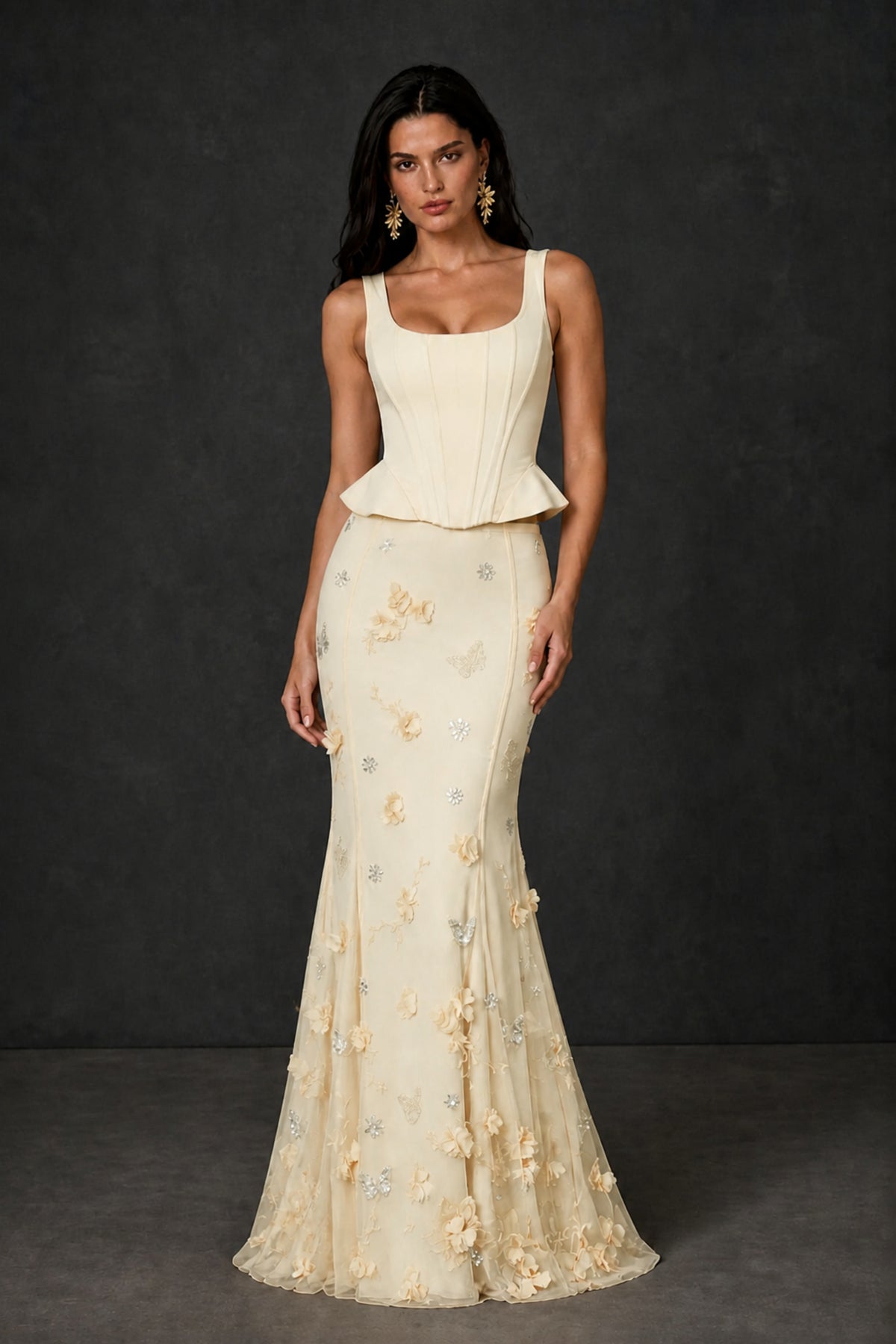 BOLODOO Champagne Peplum Corset Top & 3D Floral Mermaid Skirt Two-Piece Set – Lace-Up Back Formal Gown - Champagne